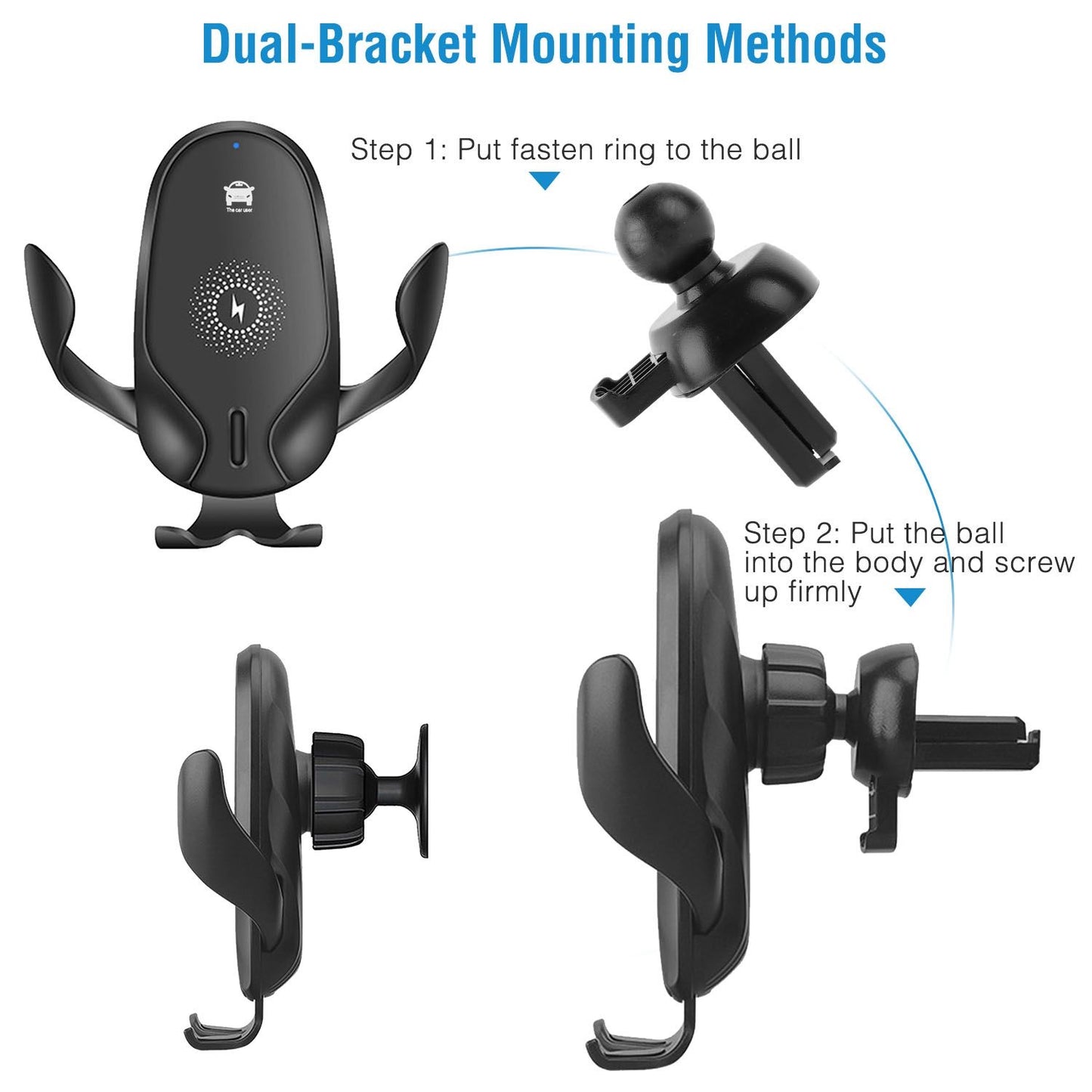 Wireless car mount with dual-bracket mounting methods, featuring easy installation steps and adjustable grip for secure phone hold.