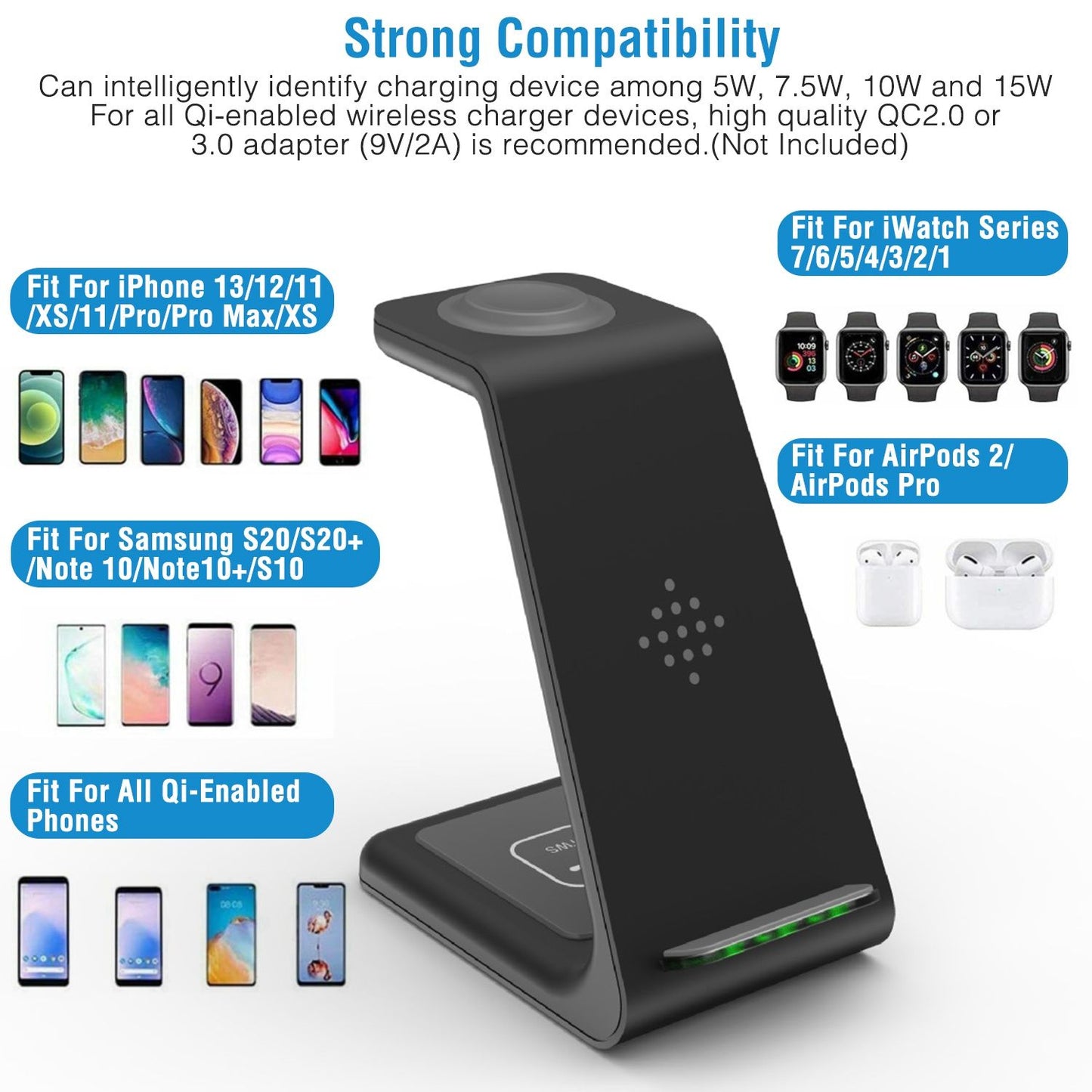 Wireless charging stand compatible with iPhone, Samsung Galaxy, Apple Watch, and AirPods, featuring multiple power output options for efficient charging.