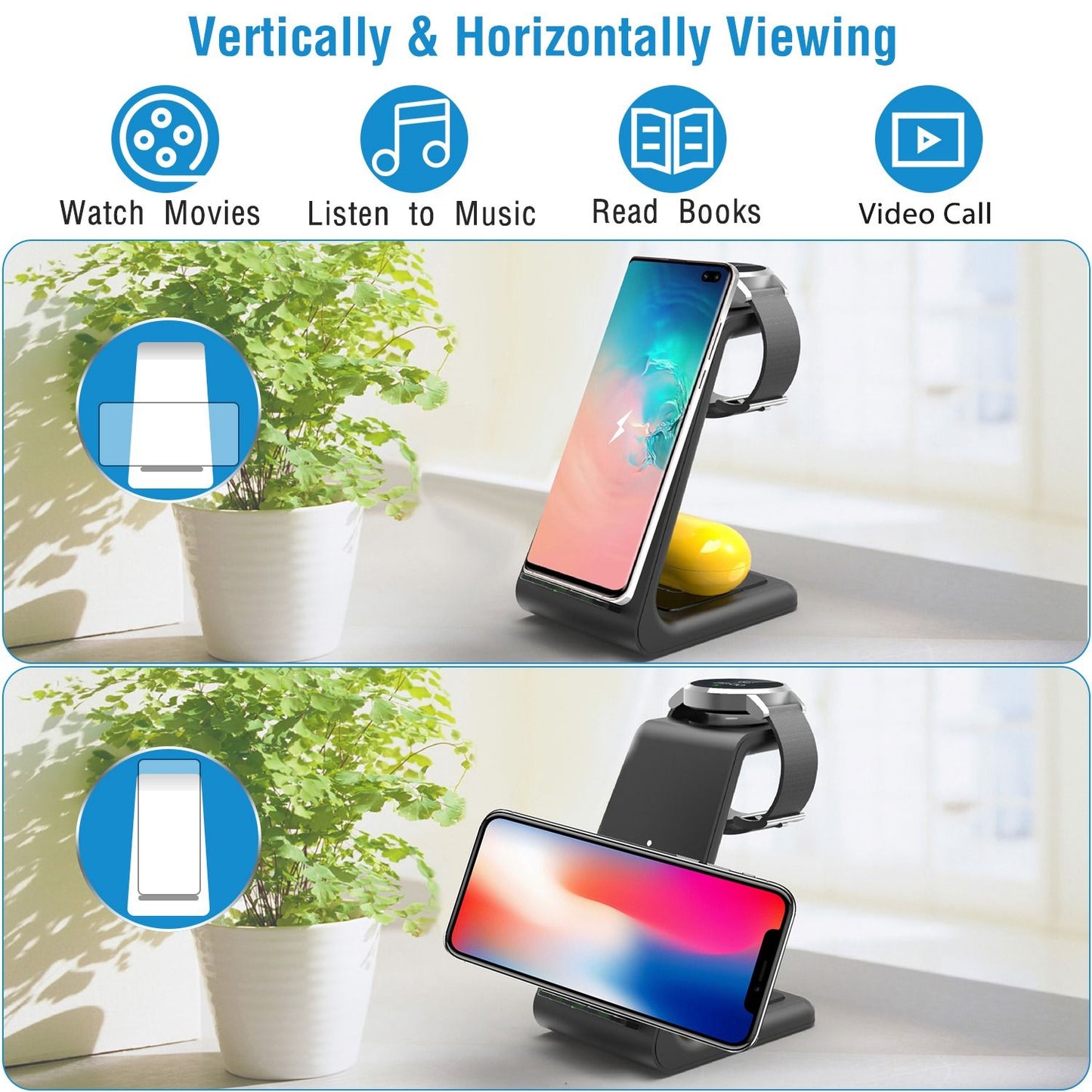 Adjustable phone stand for vertical and horizontal viewing, perfect for watching movies, listening to music, reading, and video calls, featuring a sleek design with a stable base.