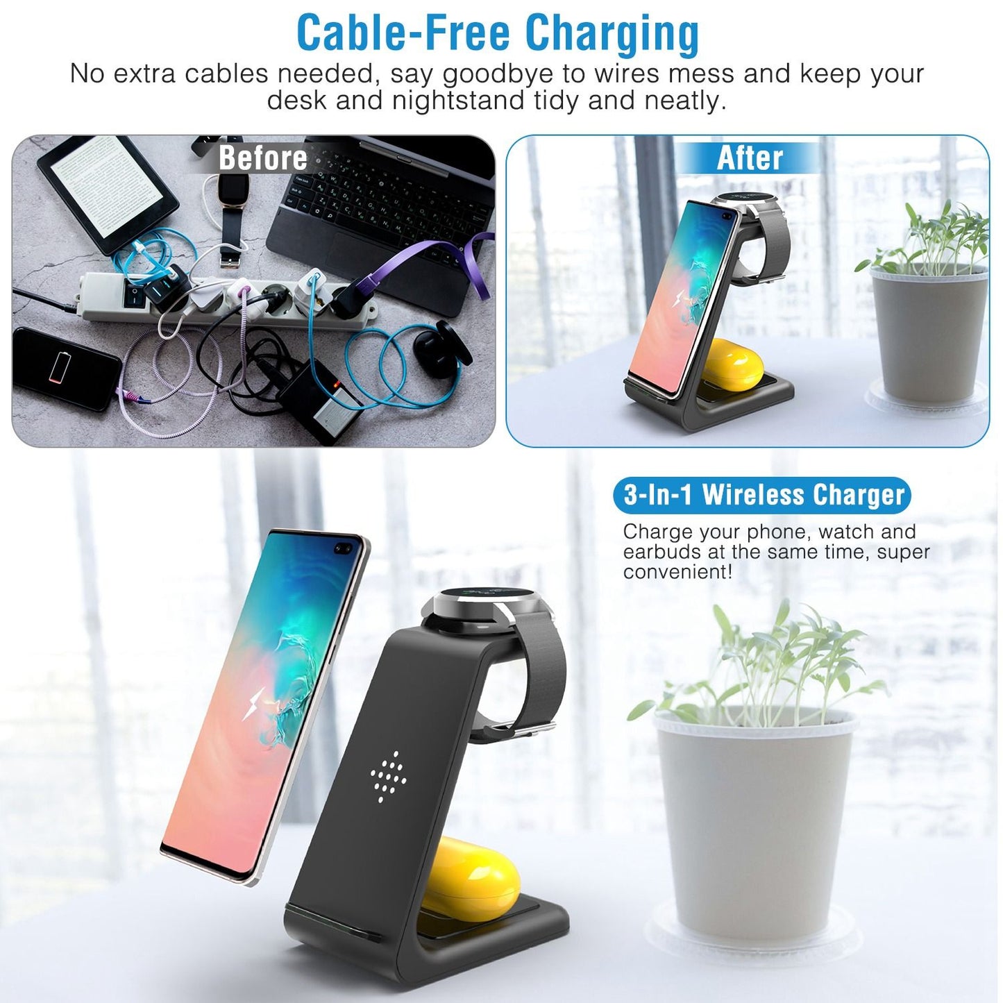 3-in-1 wireless charger for phone, watch, and earbuds, showcasing a tidy workspace transition from a tangled cable mess to a sleek charging station.