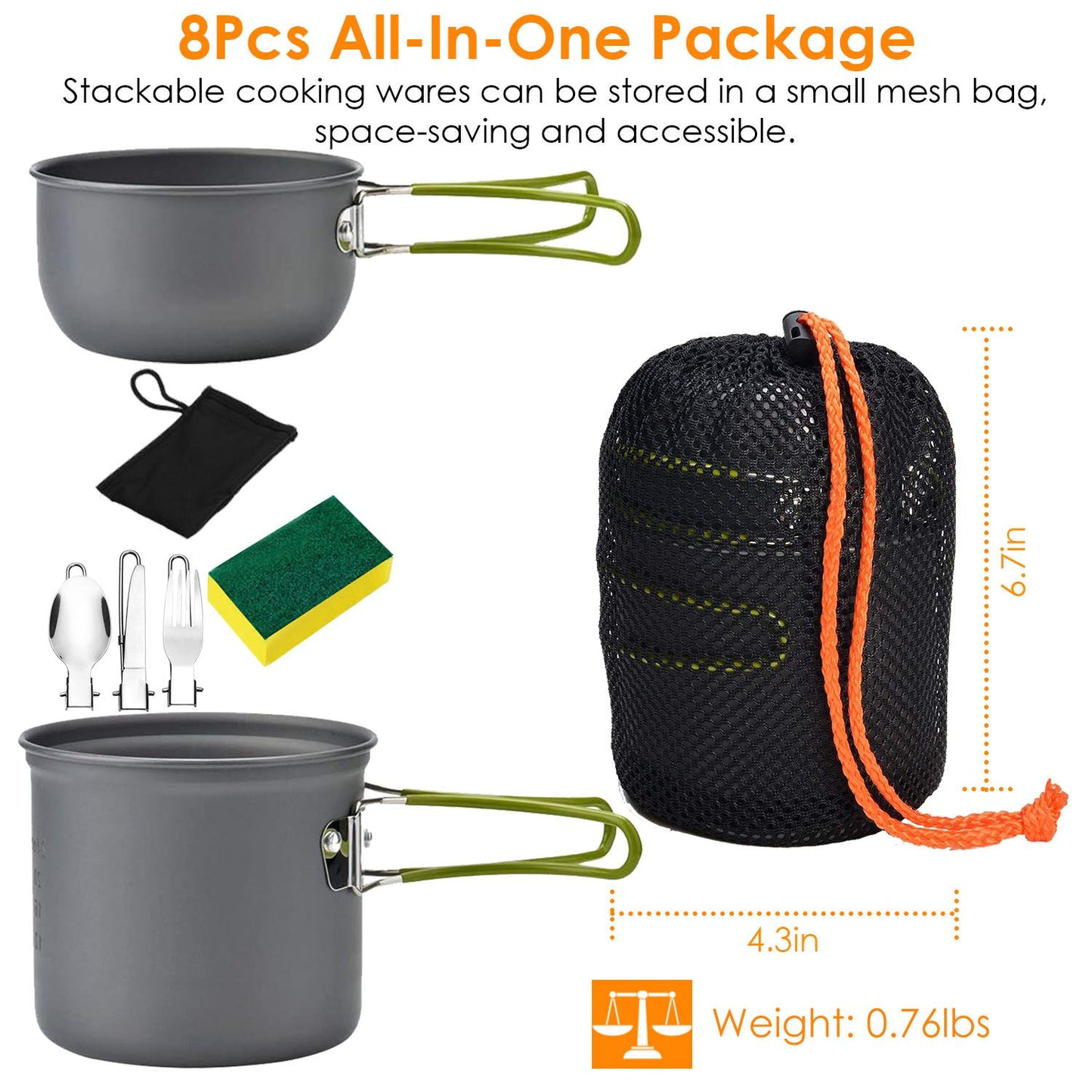 Compact camping cookware set featuring a lightweight pot with a green handle, a mesh storage bag, utensils, and a cleaning sponge, ideal for outdoor cooking.