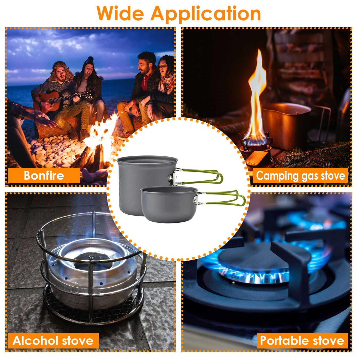 Set of lightweight camping cookware pots surrounded by images showcasing various cooking methods including a bonfire, camping gas stove, alcohol stove, and portable stove, emphasizing versatility for outdoor cooking.