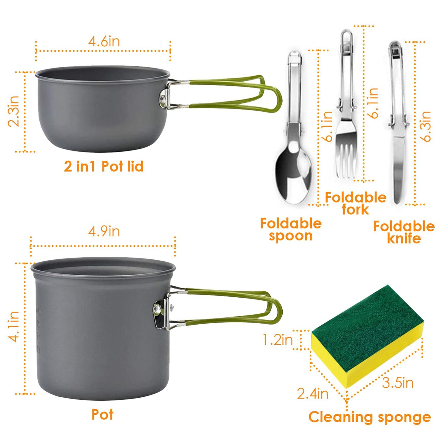 Ultralight camping cookware set featuring a 2-in-1 pot with lid, along with foldable spoon, fork, knife, and a cleaning sponge, displayed with size dimensions for easy reference.