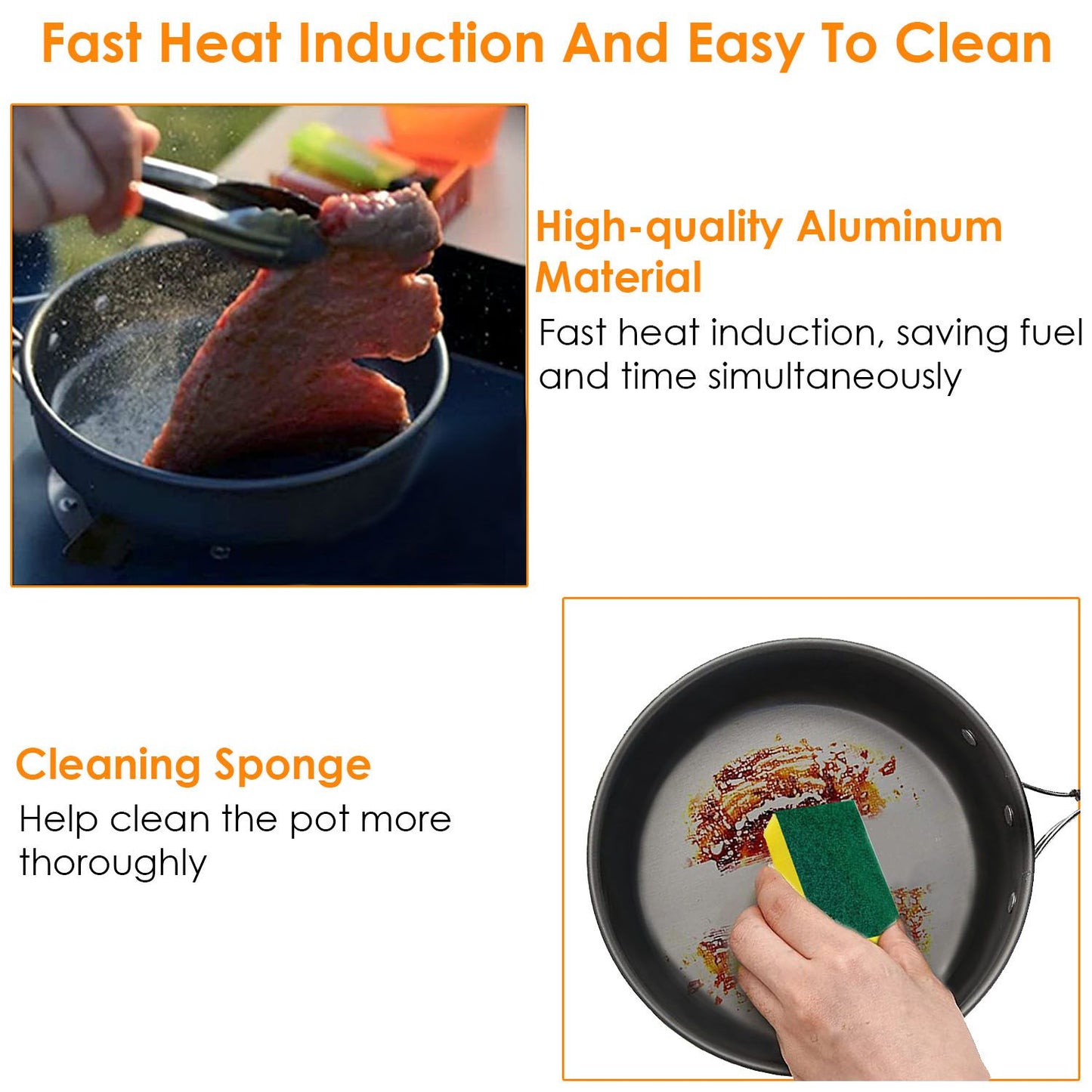 High-quality aluminum frying pan with food being flipped using tongs, showcasing fast heat induction and an easy-to-clean surface, accompanied by a cleaning sponge for thorough maintenance.