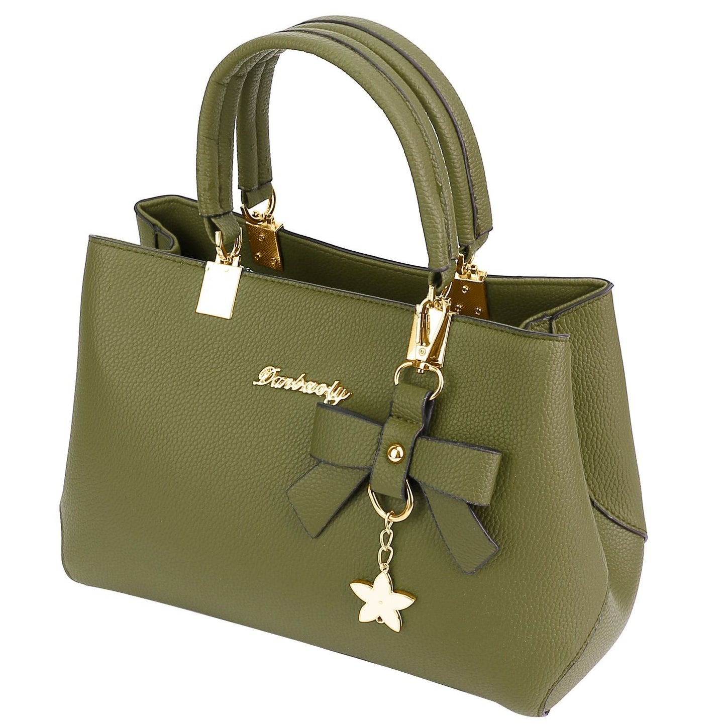 Stylish olive green handbag with gold hardware, featuring a decorative bow and star charm, perfect for everyday use.