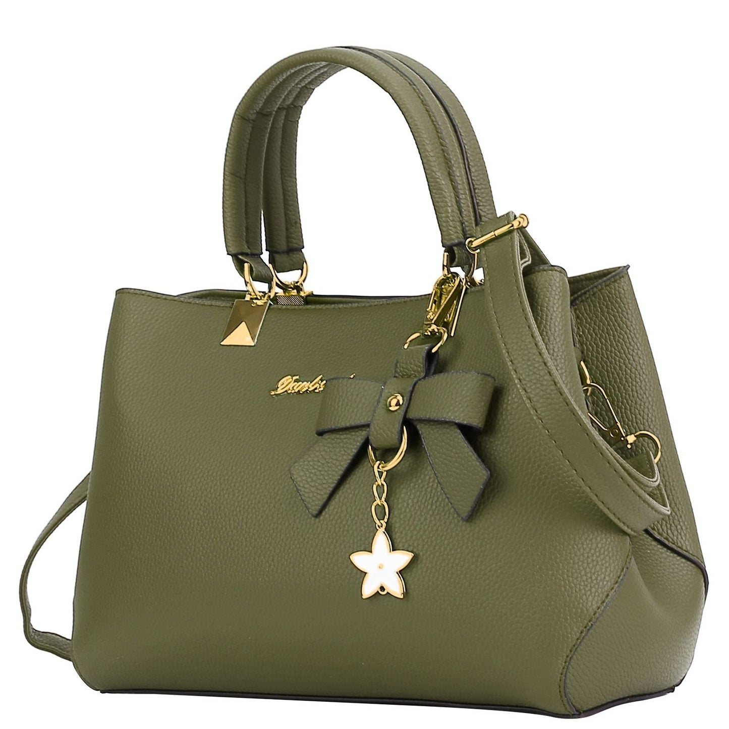 Olive green handbag with a bow and gold accents, featuring a star-shaped charm.