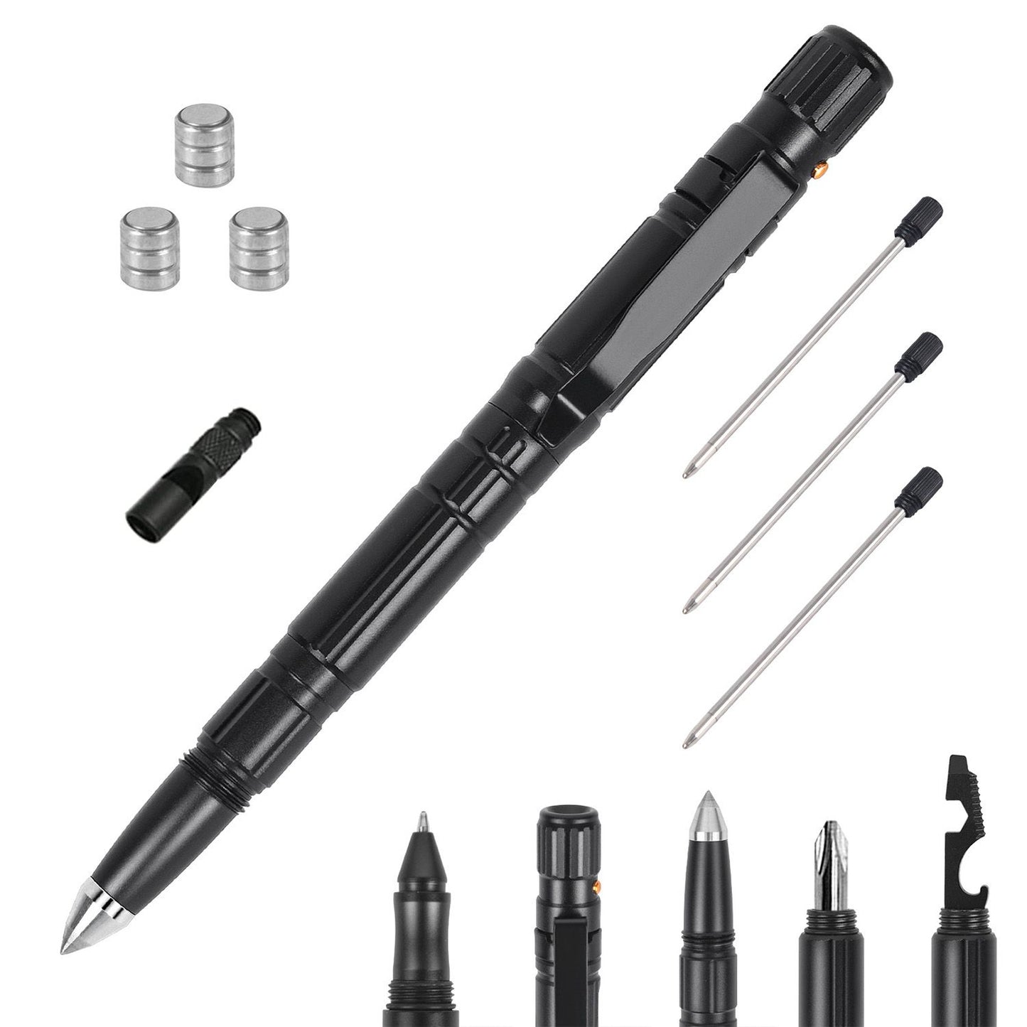 Multi-functional black tactical pen with various interchangeable tips and accessories, designed for writing, self-defense, and tools, featuring a sleek, compact design ideal for everyday carry.