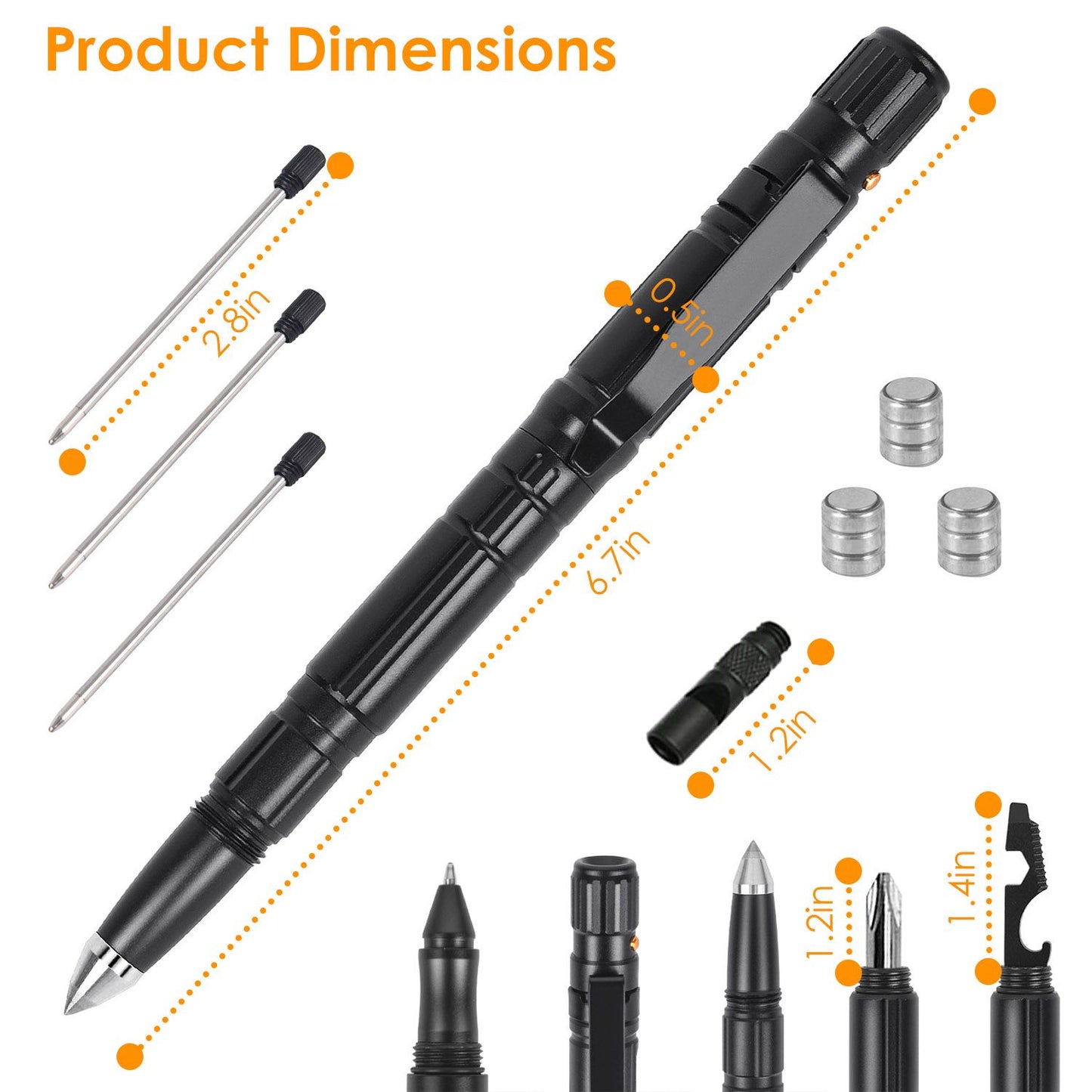 Black multi-functional pen with detailed dimensions, showcasing its 6.7-inch length, various tool attachments, and compact design, ideal for everyday use and convenience.