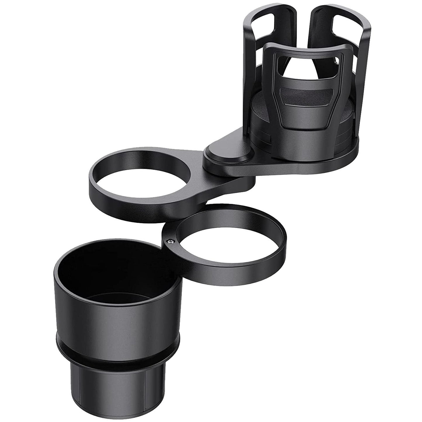 Car cup holder organizer with dual cup slots and a secure phone holder, designed for convenient drink storage in vehicles.