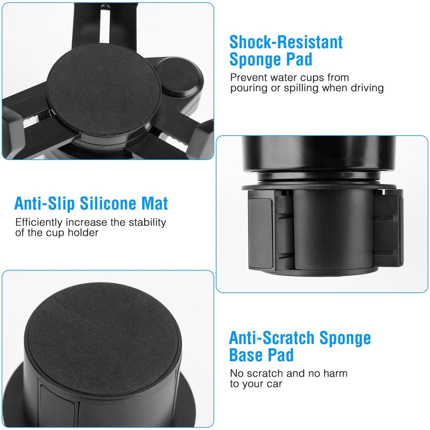 Cup holder with shock-resistant sponge pad, anti-slip silicone mat, and anti-scratch base pad for stable and secure placement in cars, preventing spills and scratches.