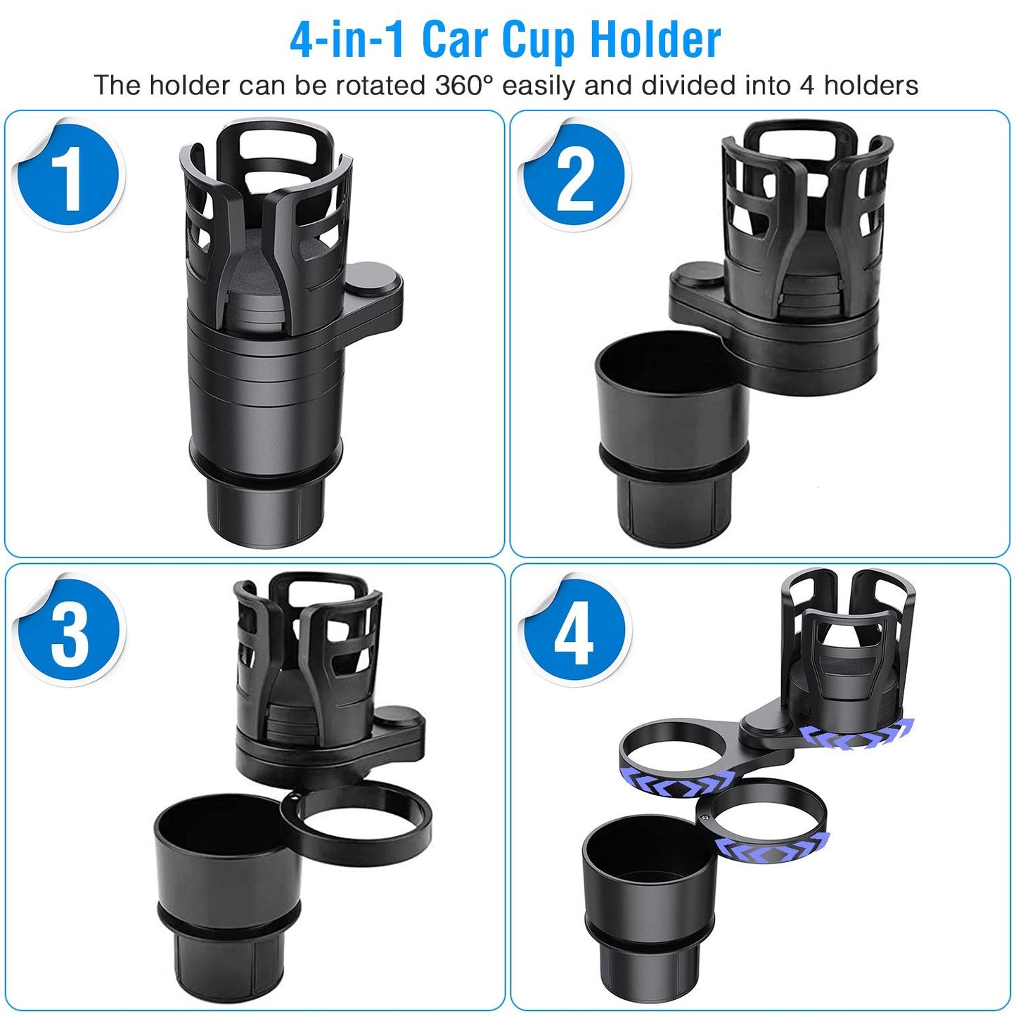 4-in-1 car cup holder with 360-degree rotation and options to divide into four separate holders for versatile drink storage in vehicles.