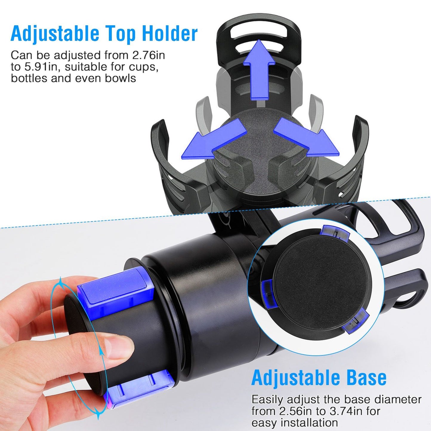 Adjustable car cup holder with a top holder that expands from 2.76 to 5.91 inches and a base that adjusts from 2.56 to 3.74 inches, designed to securely hold cups, bottles, and bowls.