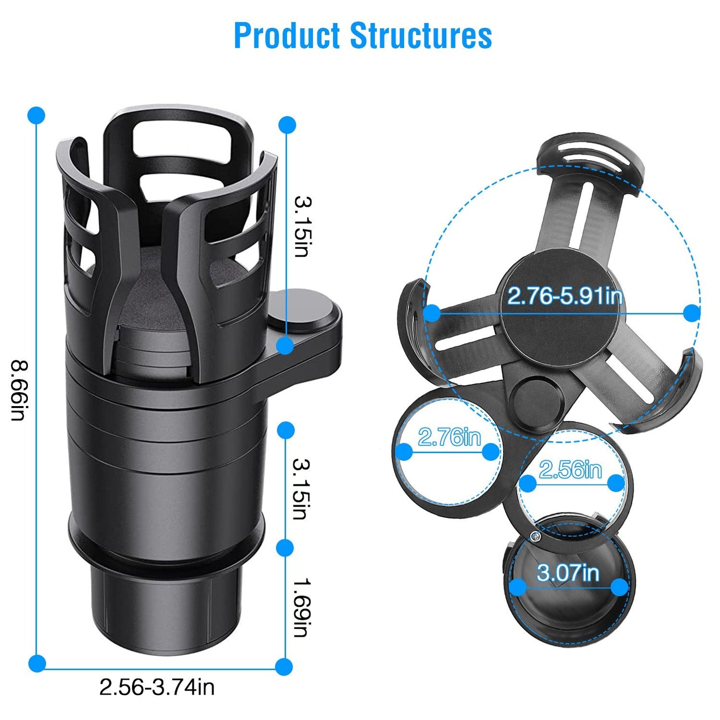 Adjustable car cup holder with multi-size base and rubberized grip for secure placement, featuring an expandable design for various drink sizes and a sleek black finish.