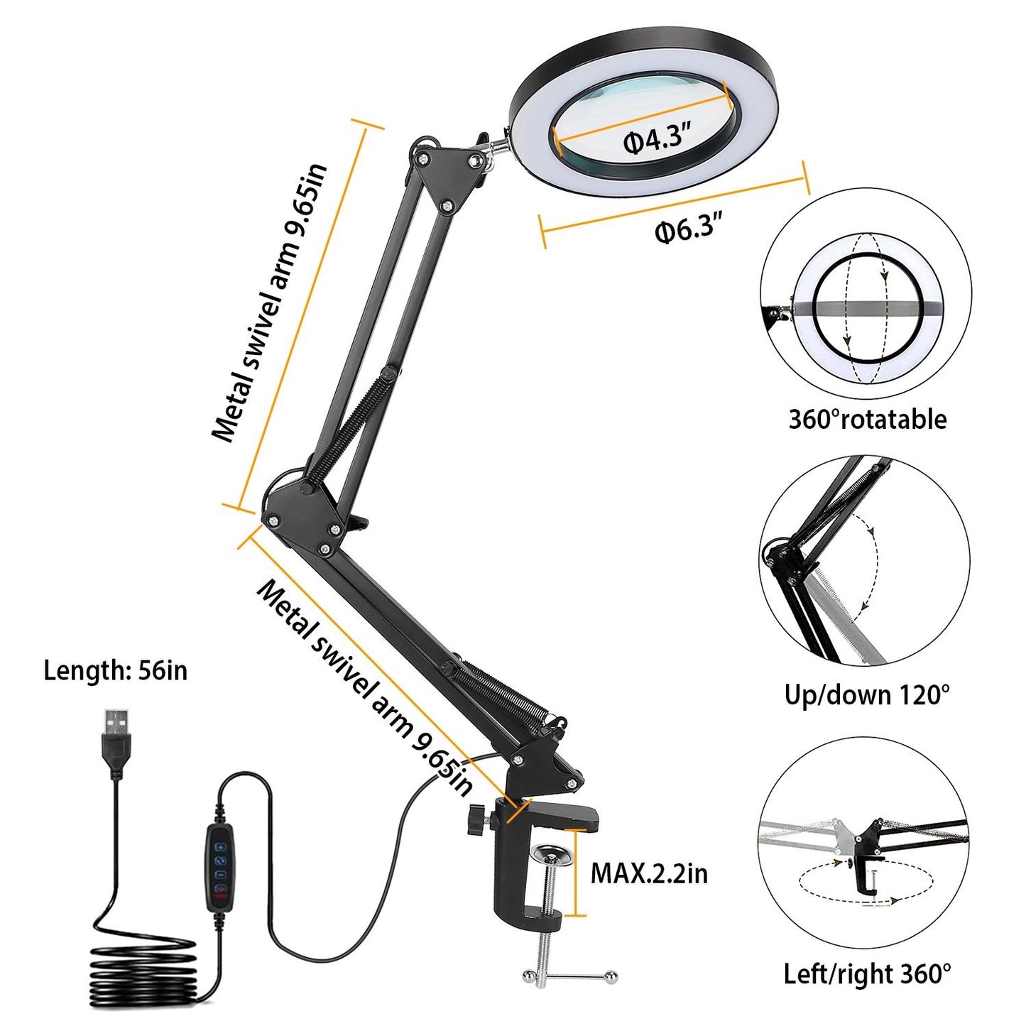 Adjustable LED magnifying lamp with 360° rotation and 56-inch metal arm, featuring a 4.3-inch lens, clamp mount, and USB power connection.