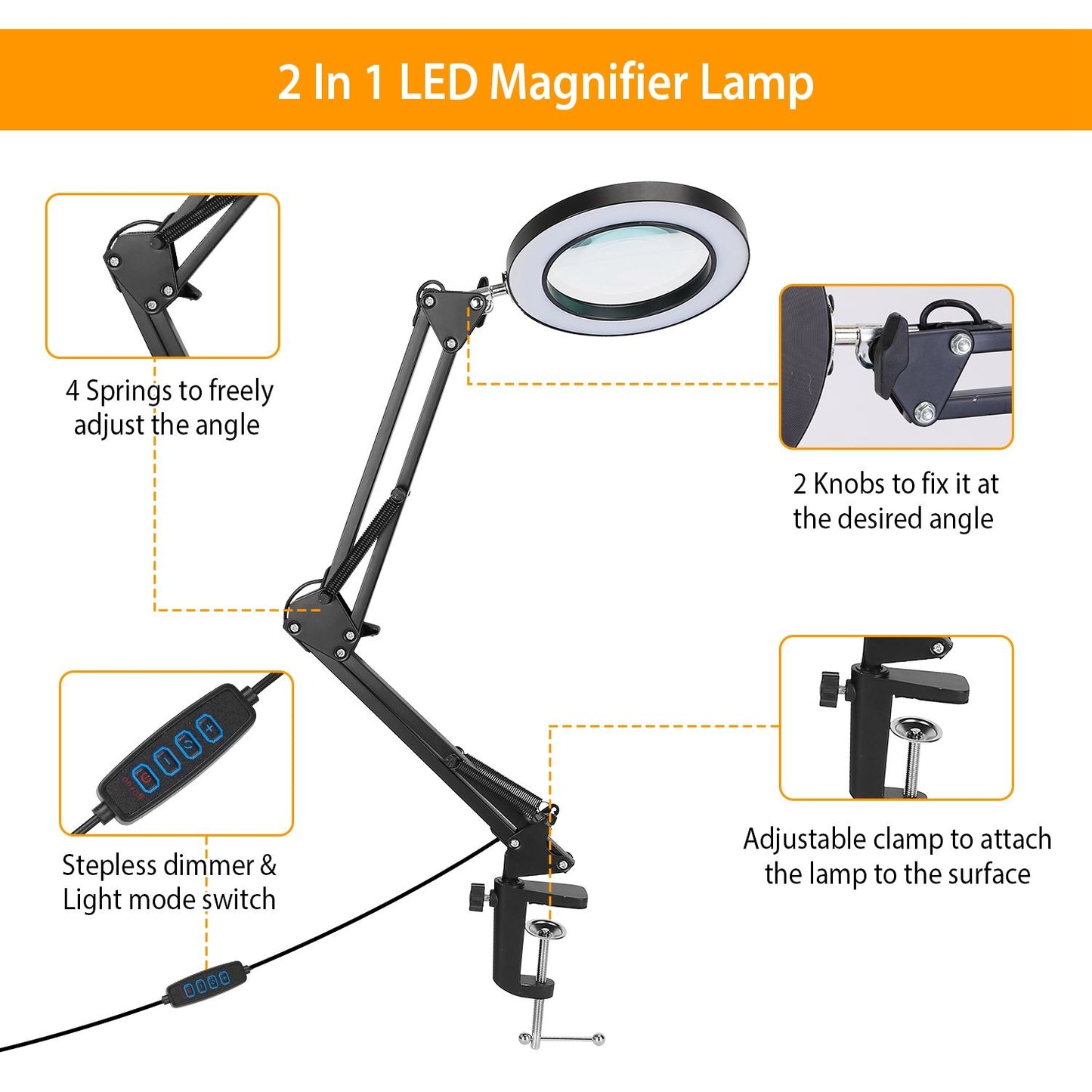 LED magnifier lamp with adjustable arm, 4 springs for angle flexibility, stepless dimmer, light mode switch, and a clamp for surface attachment, ideal for detailed tasks.