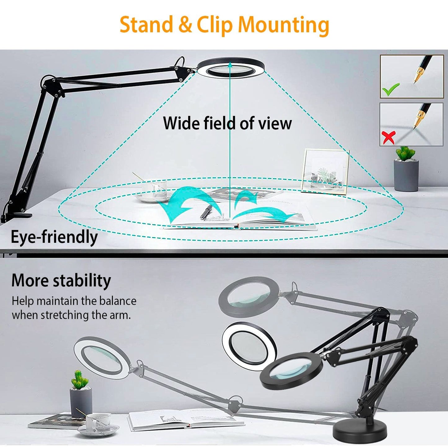 Adjustable LED magnifying lamp with wide field of view, featuring stand and clip mounting options for enhanced stability and eye-friendly illumination, ideal for reading and detailed tasks.