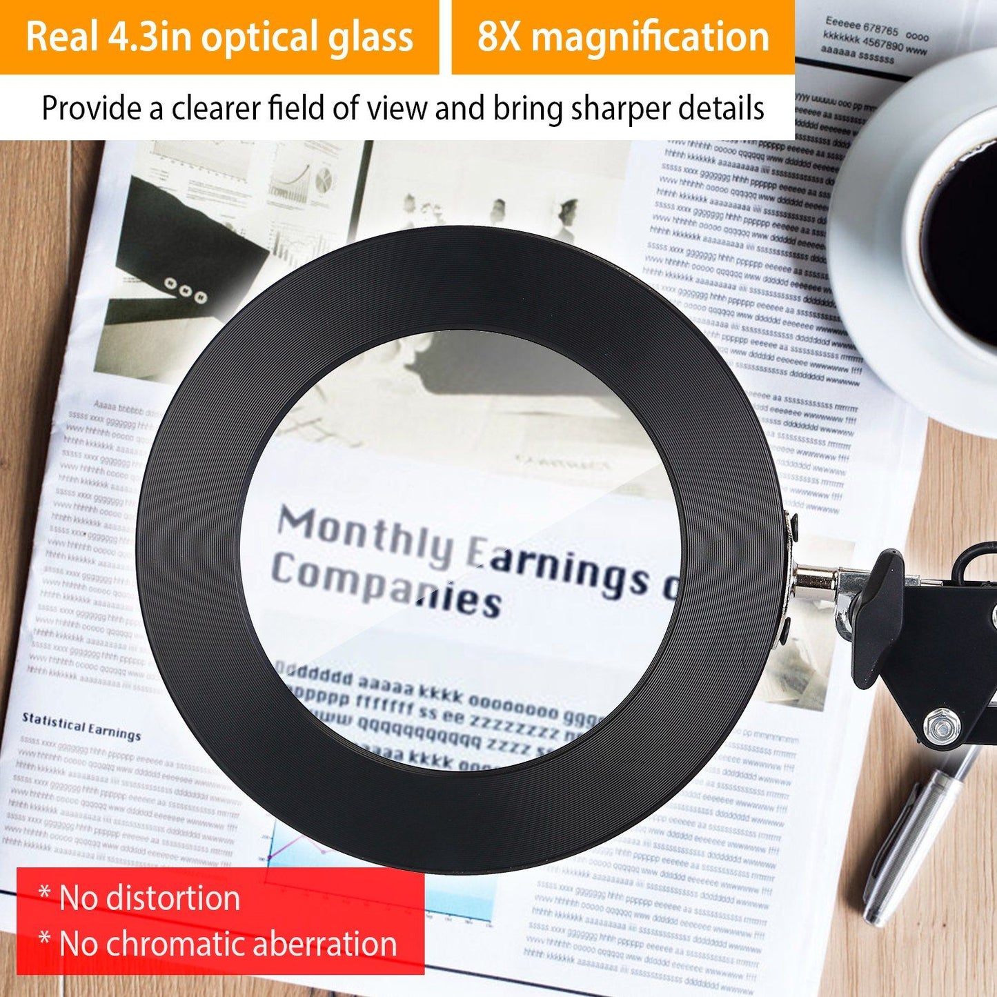 4.3-inch optical glass magnifying glass with 8X magnification, highlighting sharp details on printed documents, placed on a wooden desk beside a coffee cup and a pen.