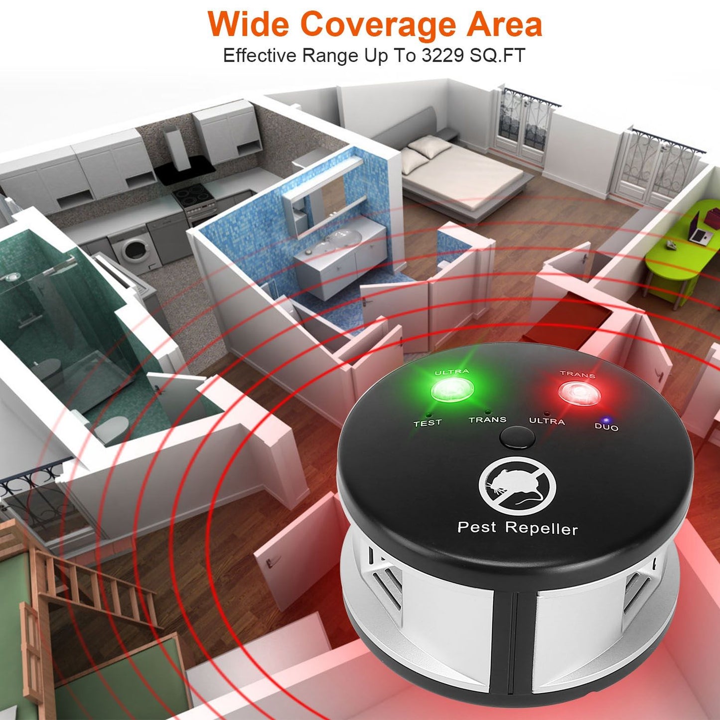 Pest repeller device with indicator lights positioned atop a floor plan diagram showing wide coverage area, effective range up to 3229 sq. ft.