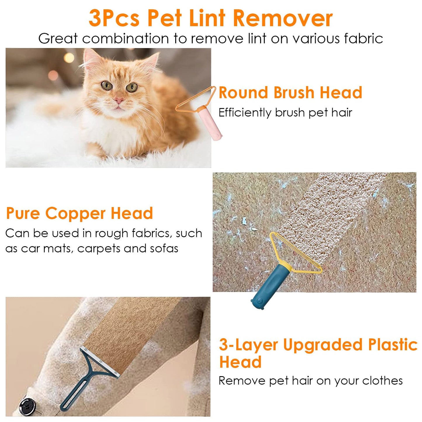 3-piece pet lint remover set featuring a round brush head for efficient hair removal, a pure copper head for rough fabric like car mats and carpets, and a three-layer upgraded plastic head for cleaning clothes, with a fluffy orange cat as the background.