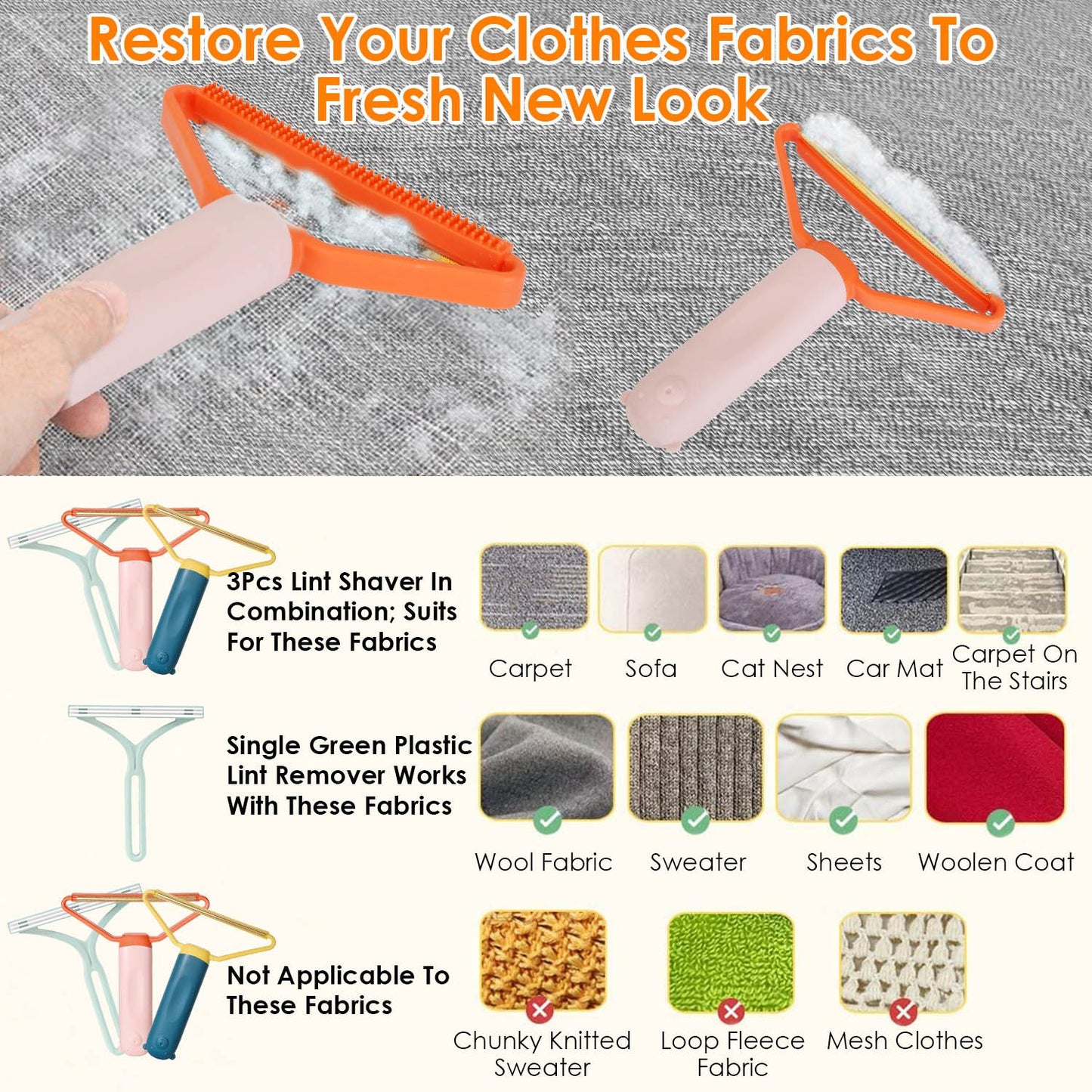 Image of a lint shaver set designed to remove lint and pet hair from various fabrics, featuring three shavers in different colors, with instructions for use on specific materials like carpets, wool, and sweaters.