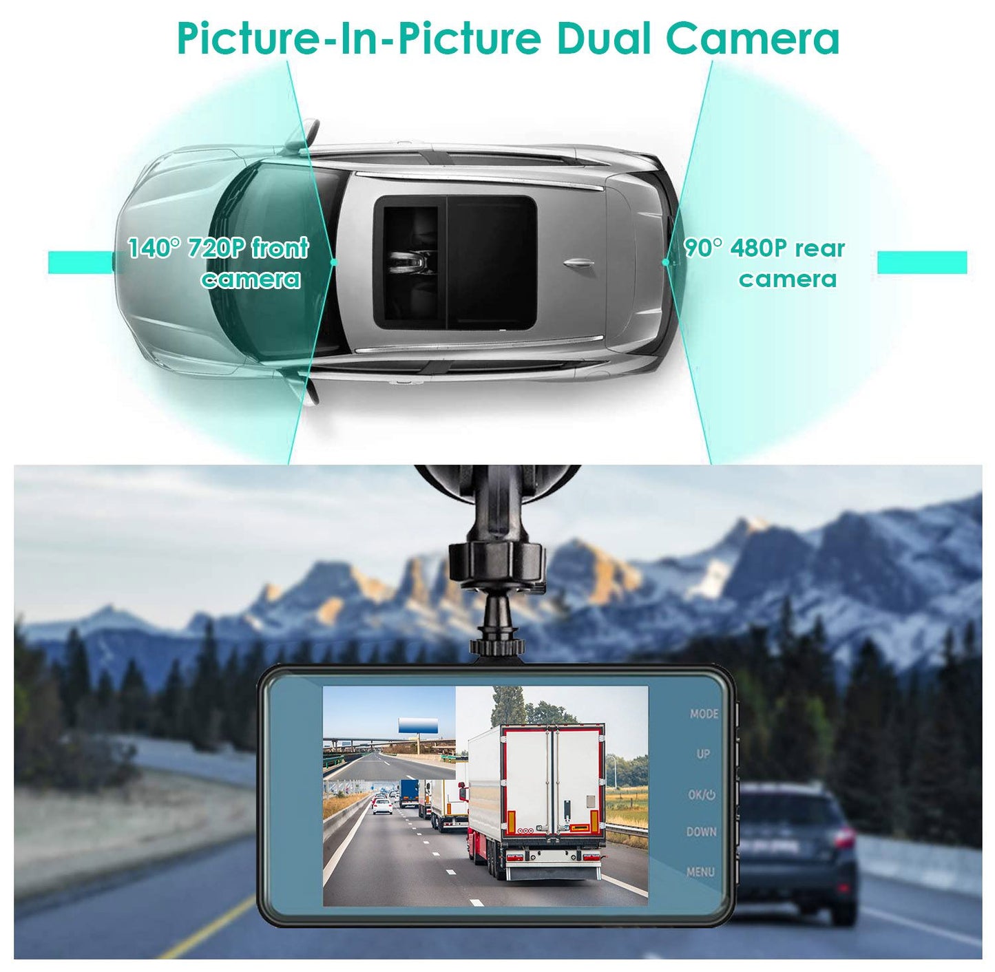 Dual camera car dash cam showing a top view of a vehicle with a 140° 720P front camera and a 90° 480P rear camera, mounted on a windshield capturing a busy highway scene.