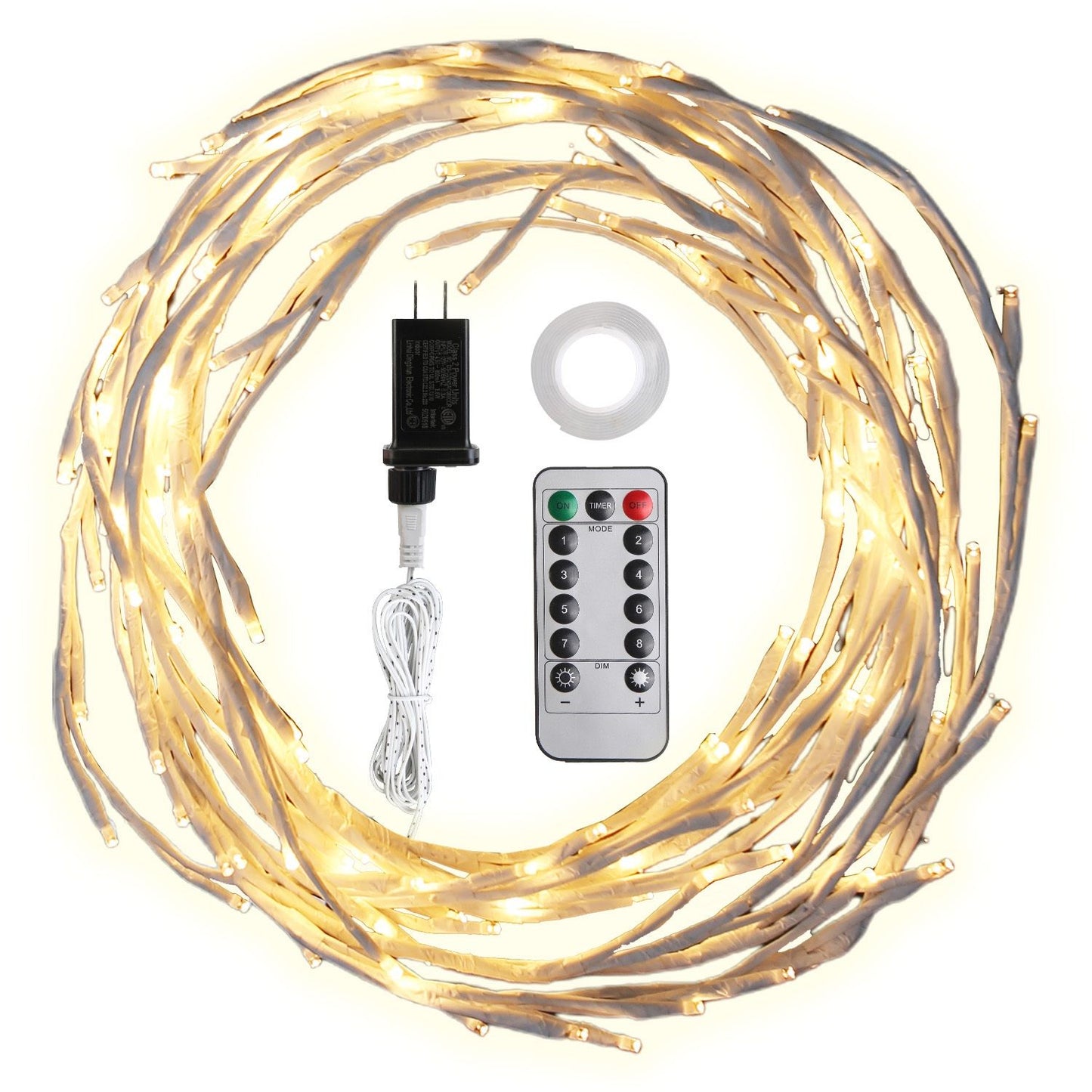 Warm white LED fairy lights on a flexible wire, featuring a remote control, power adapter, and adhesive tape for easy installation, perfect for indoor and outdoor decorations.