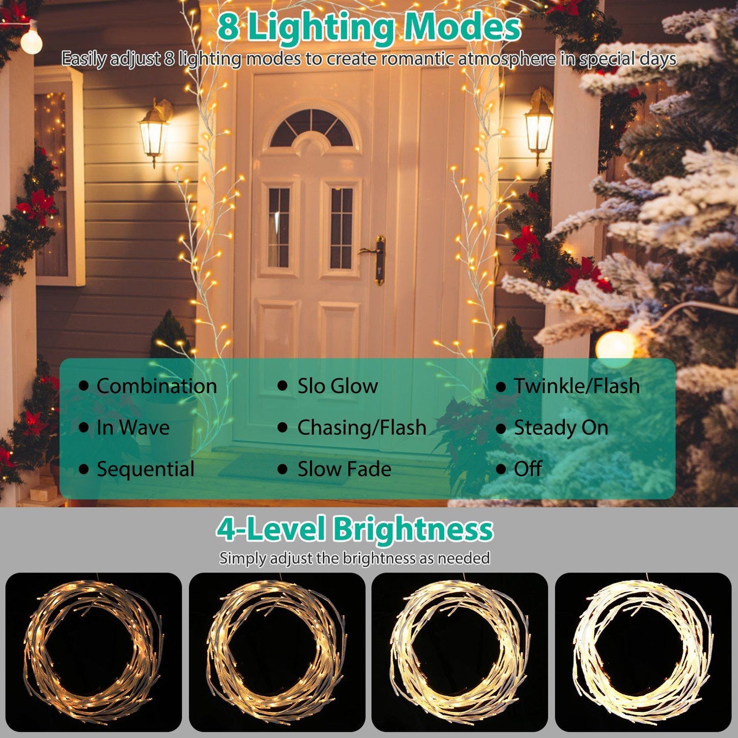 Product image showcasing outdoor string lights with 8 adjustable lighting modes and 4 brightness levels, ideal for creating a romantic atmosphere for special occasions.