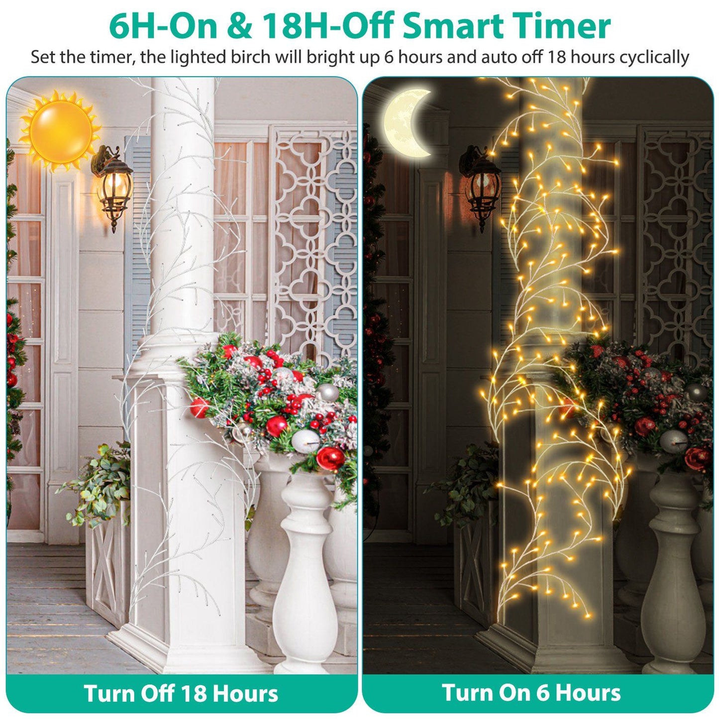 LED lighted birch tree decoration with a timer feature, showcasing the illuminated branches against a festive porch adorned with holiday greenery and ornaments, displaying day and night settings.