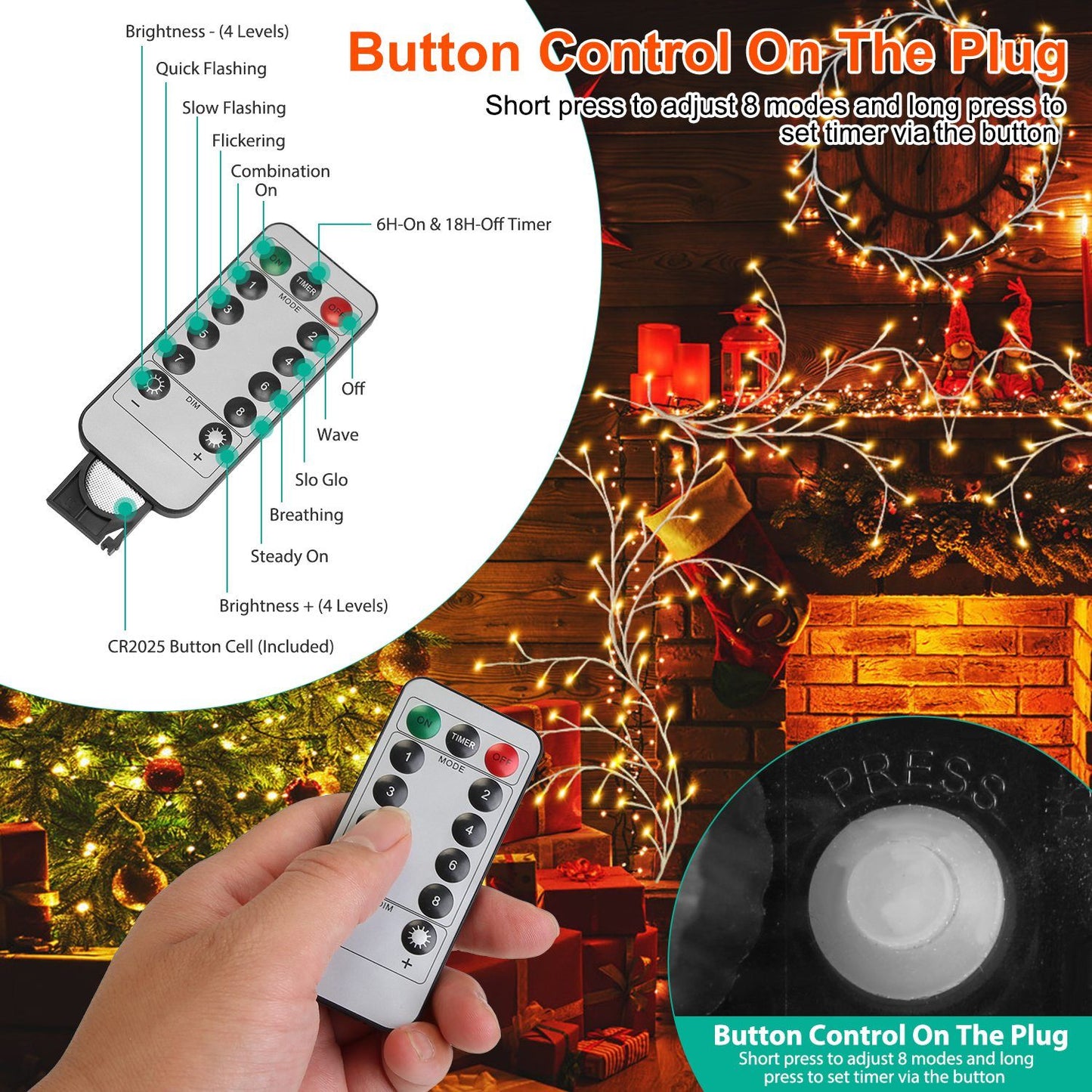 Remote control for decorative LED string lights, featuring multiple modes, brightness levels, and timer settings, with a hand showcasing the control interface against a festive background.