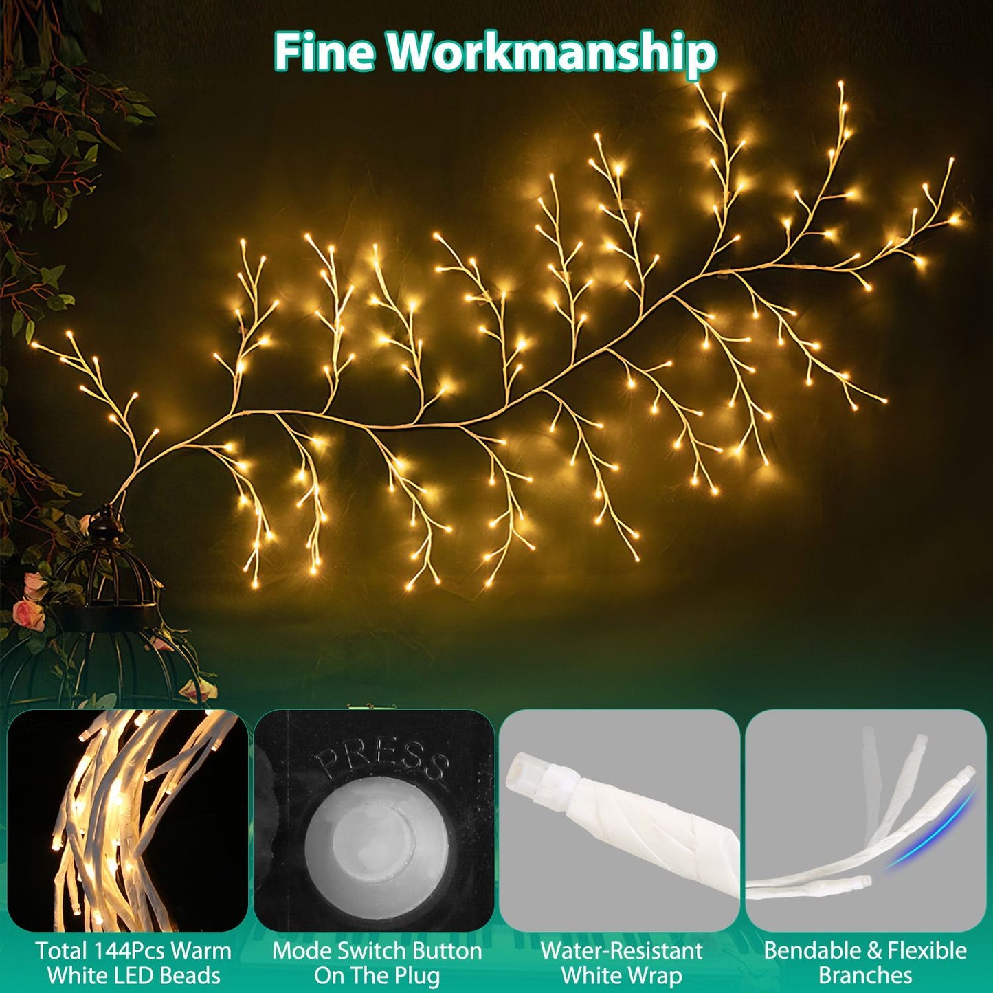Warm white LED string lights in a branch design with 144 bulbs, featuring flexible branches, a water-resistant wrap, and a mode switch button on the plug for customizable lighting.