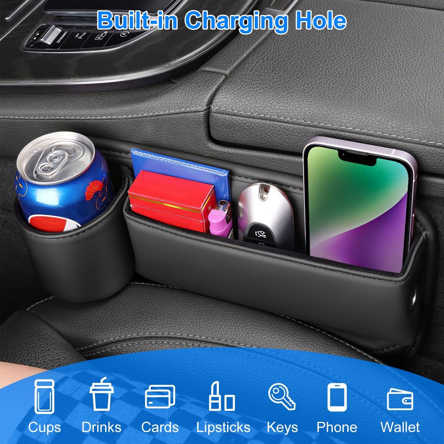 Car cup holder organizer with a built-in charging hole, featuring compartments for a beverage can, smartphone, keys, cards, lipsticks, and small items on a leather car interior.