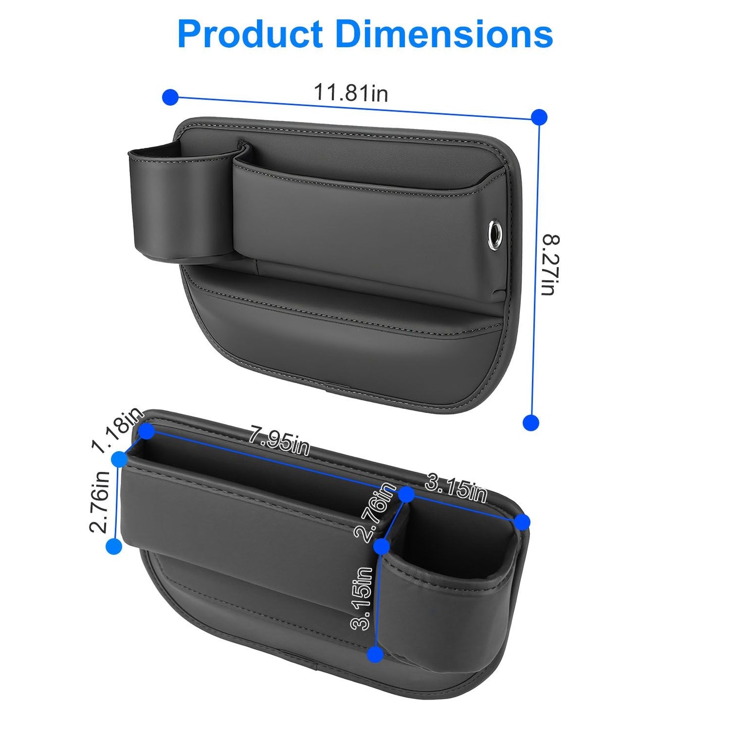 Dimensions of a black leather organizer with two compartments, showing sizes of 11.81 inches width and 8.27 inches height along with detailed measurement labels.