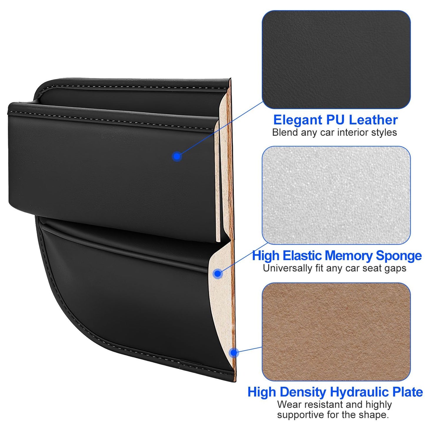 Black PU leather car seat gap filler with high elastic memory sponge and hydraulic plate, designed to blend seamlessly into any car interior while providing support and preventing items from falling between seats.