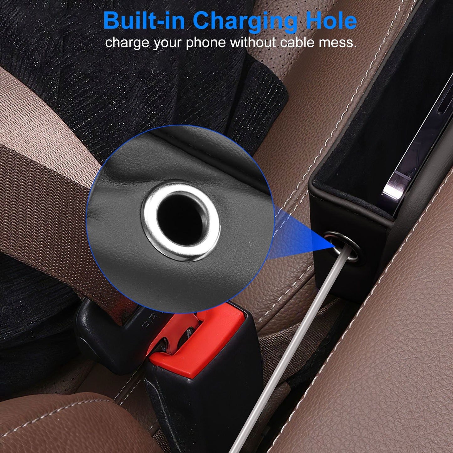 Image showing a built-in charging hole in a car's seat gap, allowing for convenient, cable-free phone charging, highlighting its sleek design and functionality.