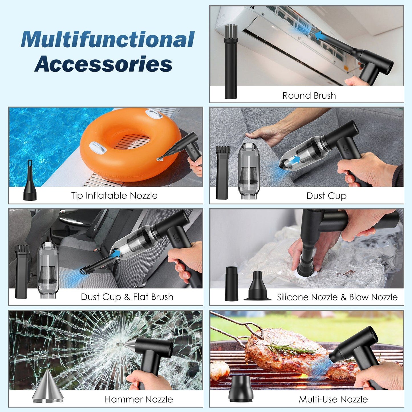 Multifunctional vacuum accessory set featuring various nozzles like Tip Inflatable, Round Brush, Dust Cup, and Hammer Nozzle, designed for versatile cleaning in different environments such as cars, homes, and outdoor settings.