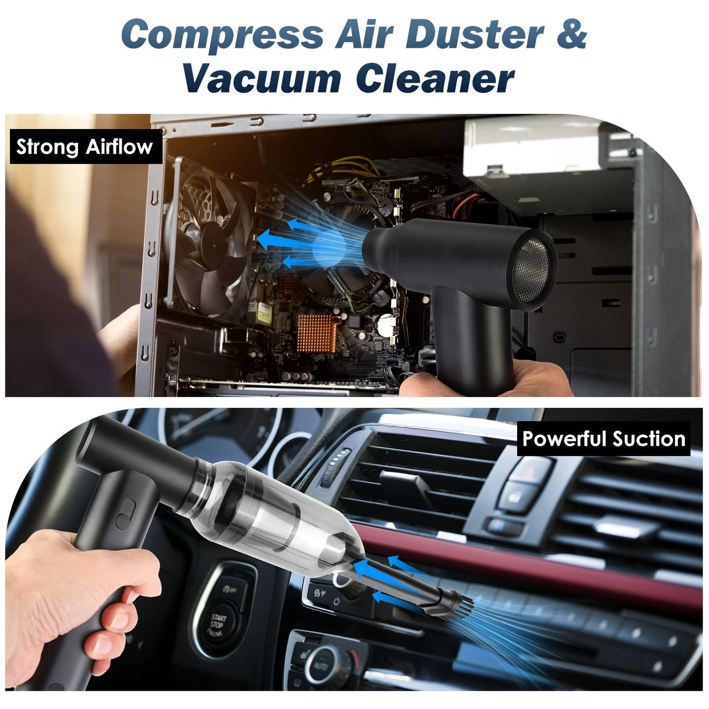 Dual-function compressed air duster and vacuum cleaner demonstrating strong airflow for cleaning electronics and powerful suction for detailing car interiors, showcased in action.