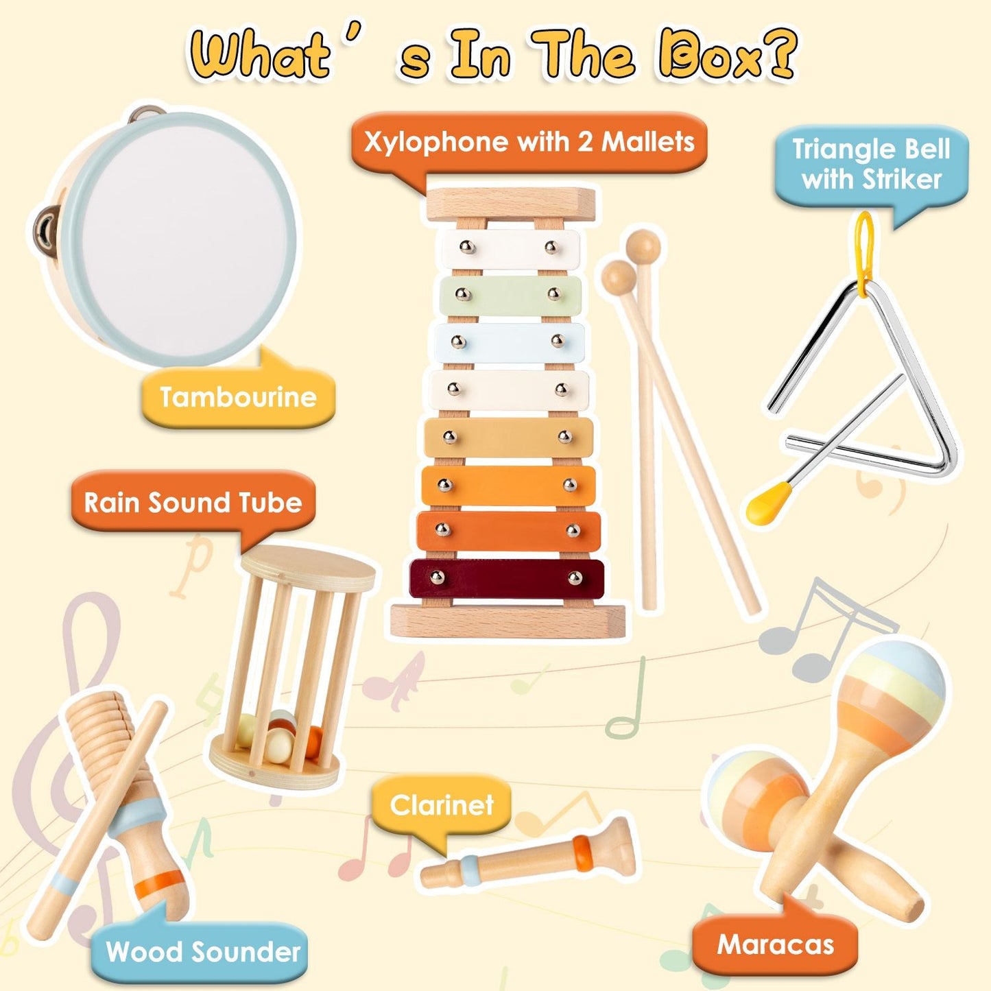 Colorful musical instruments for kids including a xylophone with two mallets, tambourine, triangle bell with striker, rain sound tube, clarinet, wood sounder, and maracas, displayed on a light background with musical notes.