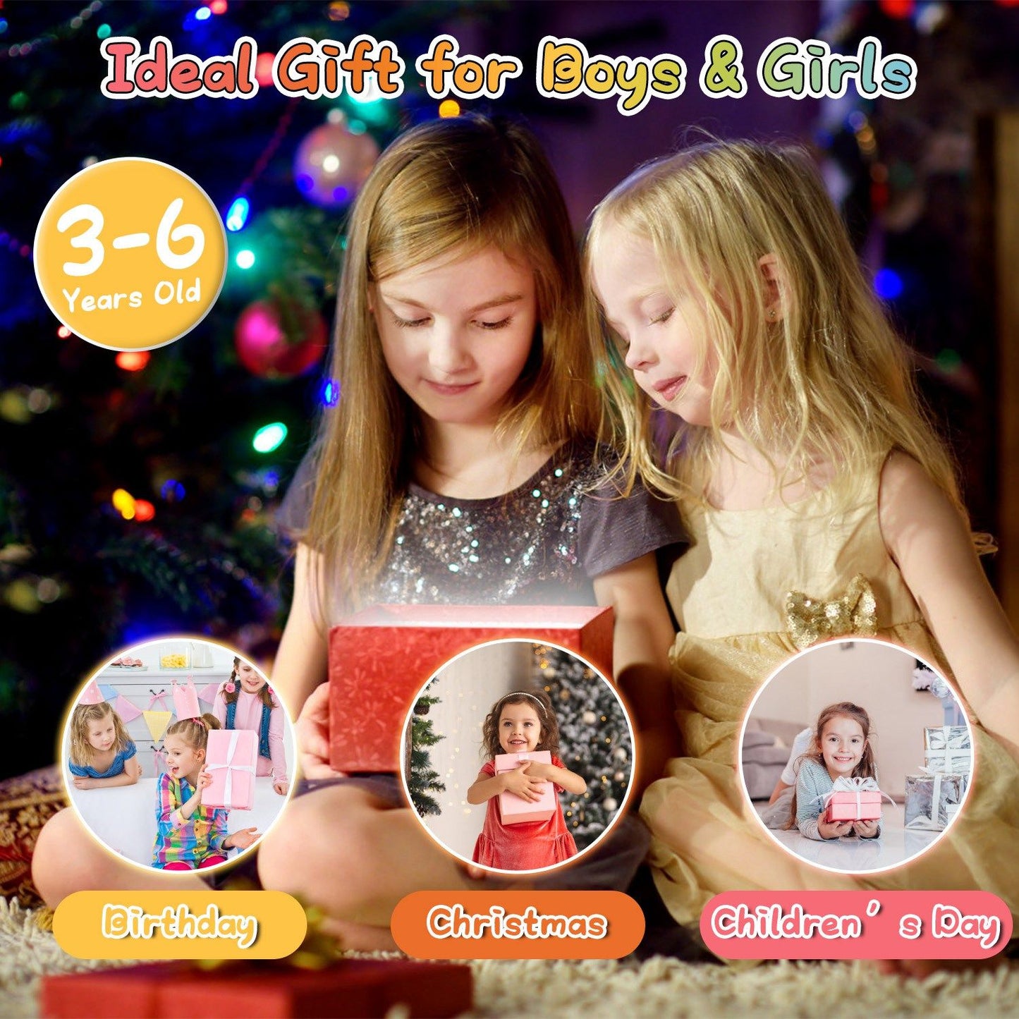 Two young girls excitedly holding a red gift box in front of a decorated Christmas tree, highlighting the product's appeal as an ideal gift for children aged 3-6, suitable for birthdays, Christmas, and Children’s Day.
