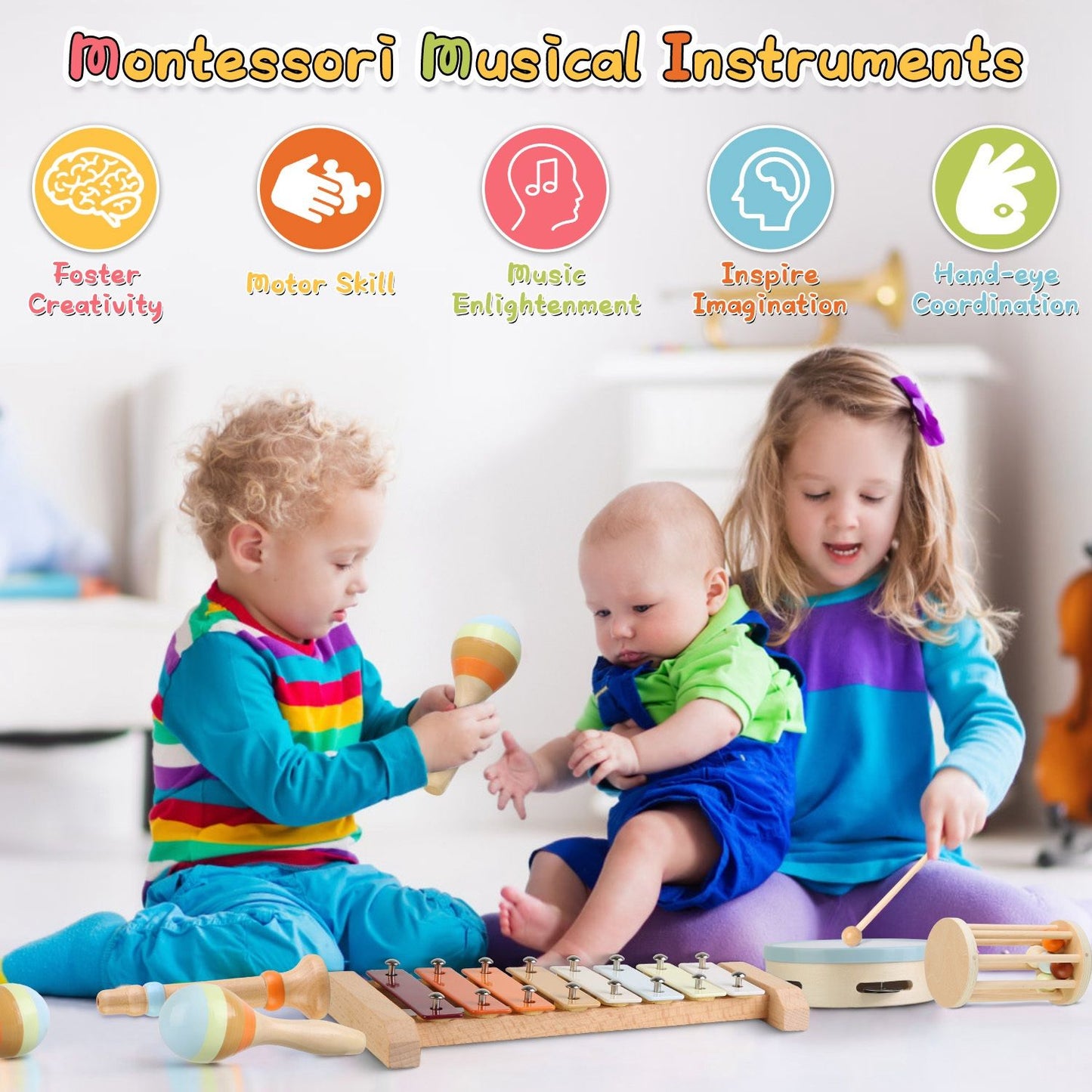 Two children engaged in play with colorful Montessori musical instruments, including a xylophone, maracas, and a drum, promoting development of creativity and motor skills in a bright, inviting indoor setting.