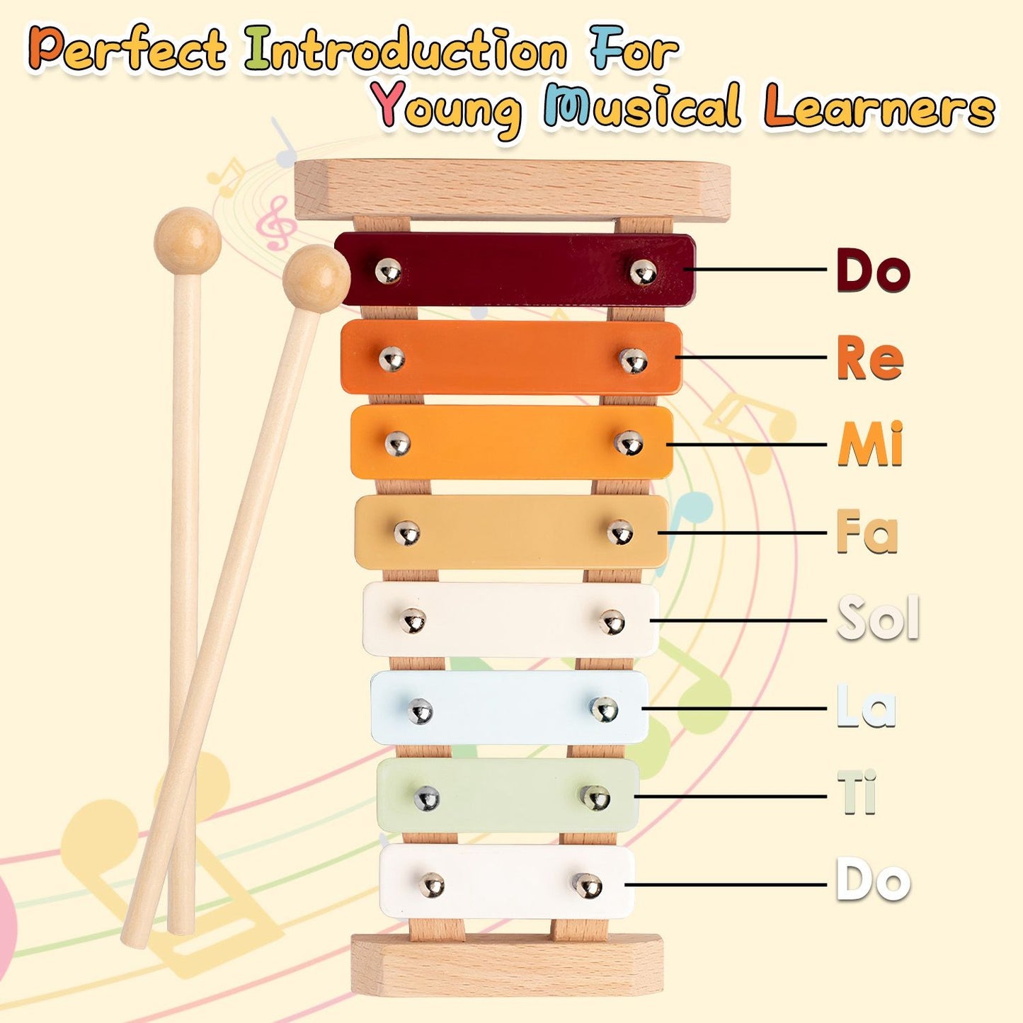 Colorful wooden xylophone for young learners with labeled musical notes, accompanied by two mallets, promoting early musical education.