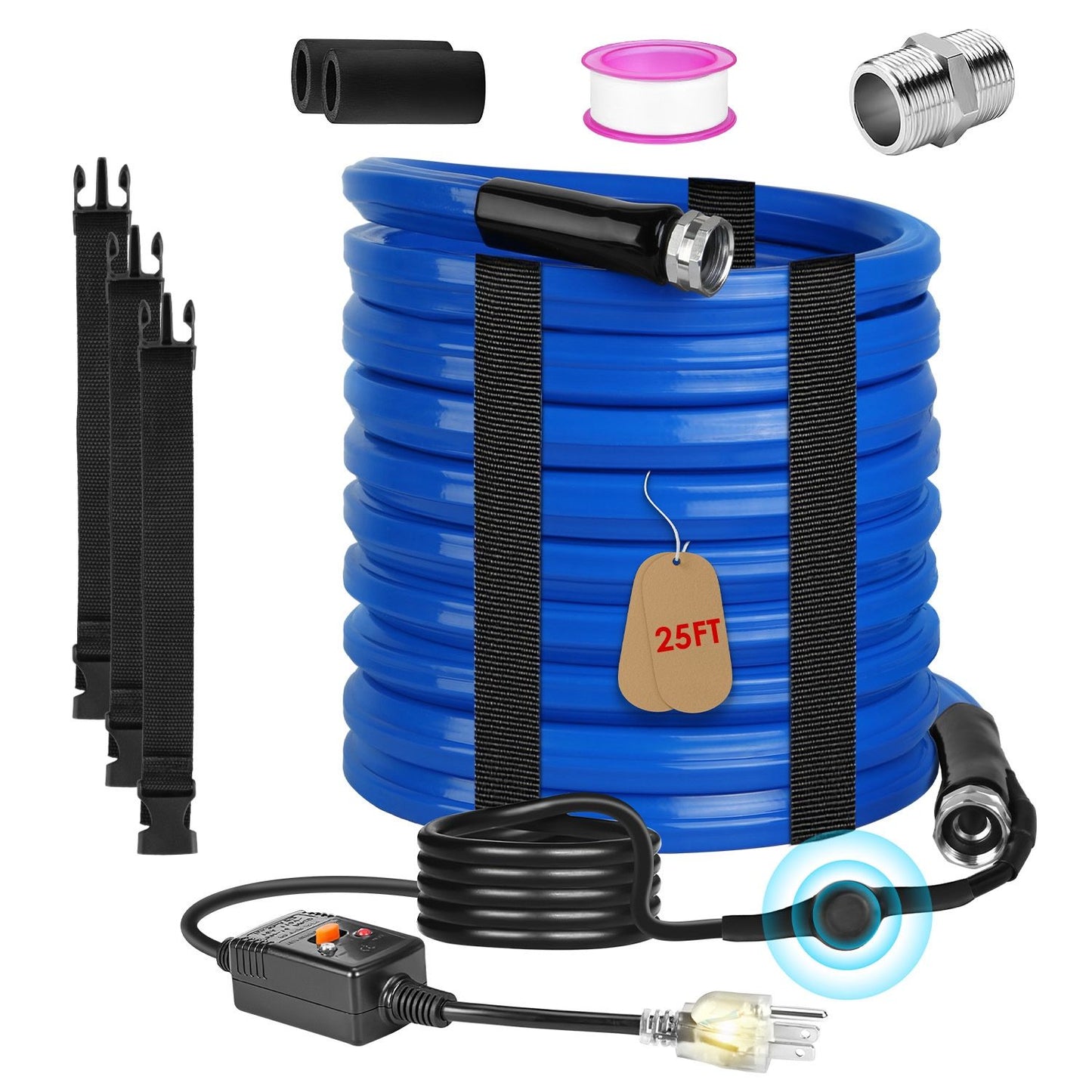 25-foot blue garden hose bundle featuring accessories including connectors, straps, and an electric controller for easy watering and garden maintenance.