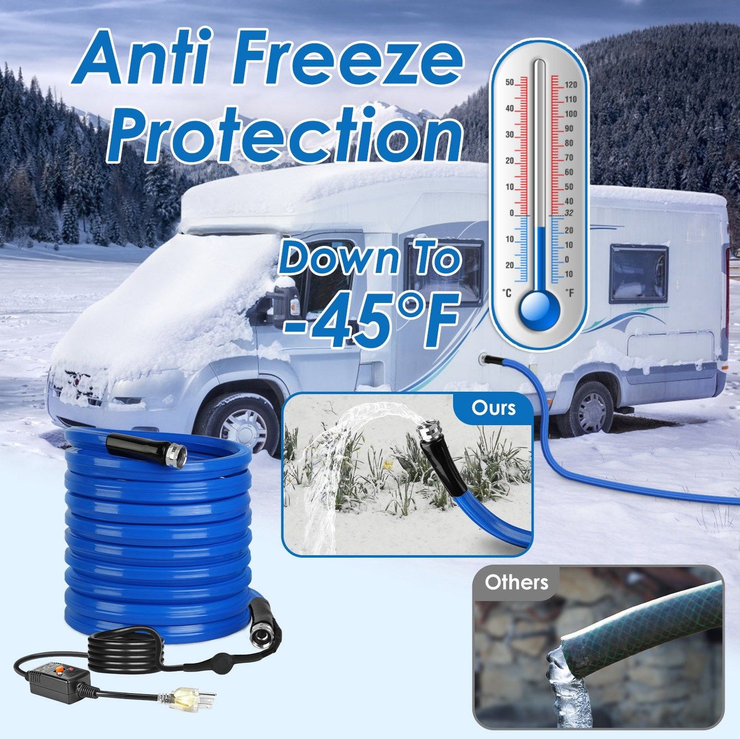 Anti-freeze protection water hose displayed with snowy RV background, showcasing its ability to withstand temperatures as low as -45°F, with a comparison of superior flexibility versus other hoses.