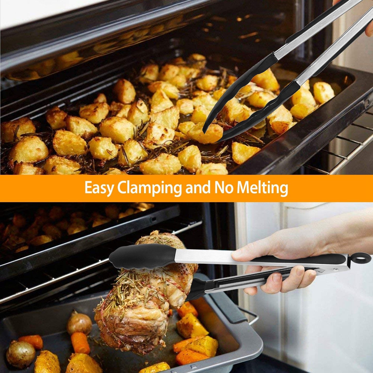 Stainless steel kitchen tongs featuring silicone tips, shown gripping roasted vegetables and meat in an oven, highlighting easy clamping and heat resistance.