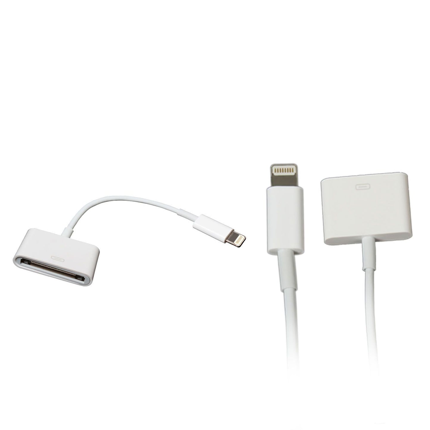 White Lightning to 30-pin adapter cable for connecting Apple devices.