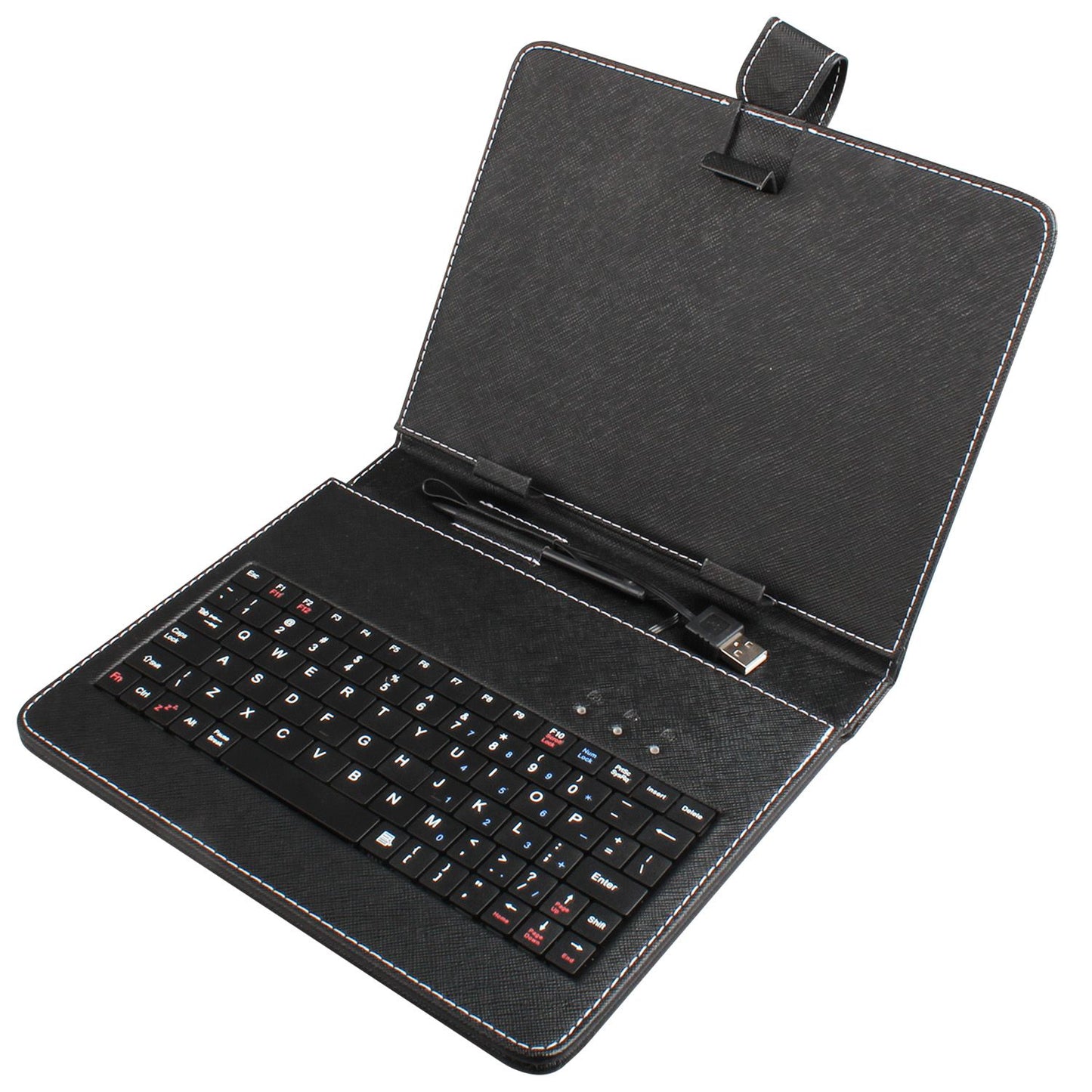 Portable black keyboard case with USB connectivity and included pen, designed for tablets and smartphones.