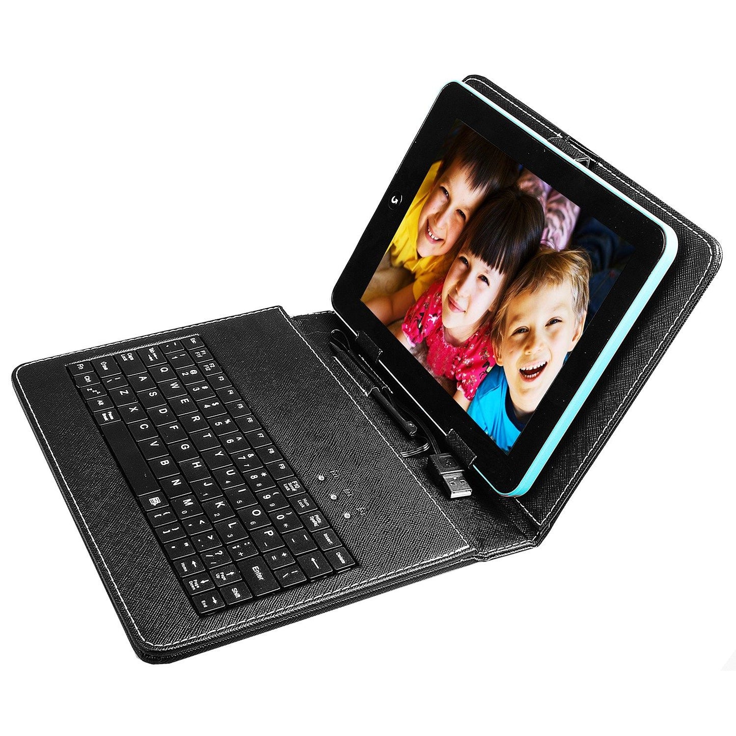 Black leather tablet case with built-in keyboard, showcasing a tablet displaying colorful images, suitable for enhanced productivity and on-the-go use.