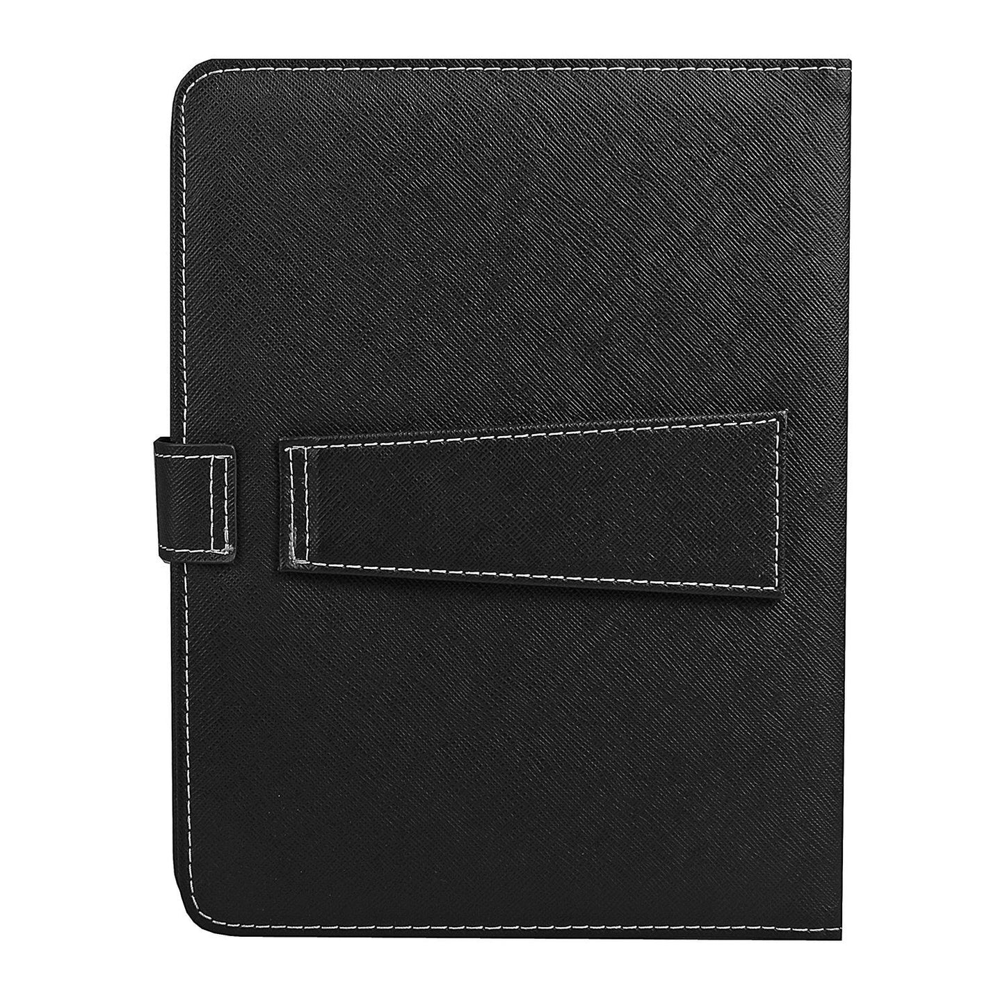 Black leather-like portfolio cover with white stitching, featuring a secure closure flap, ideal for professional presentations and document organization.