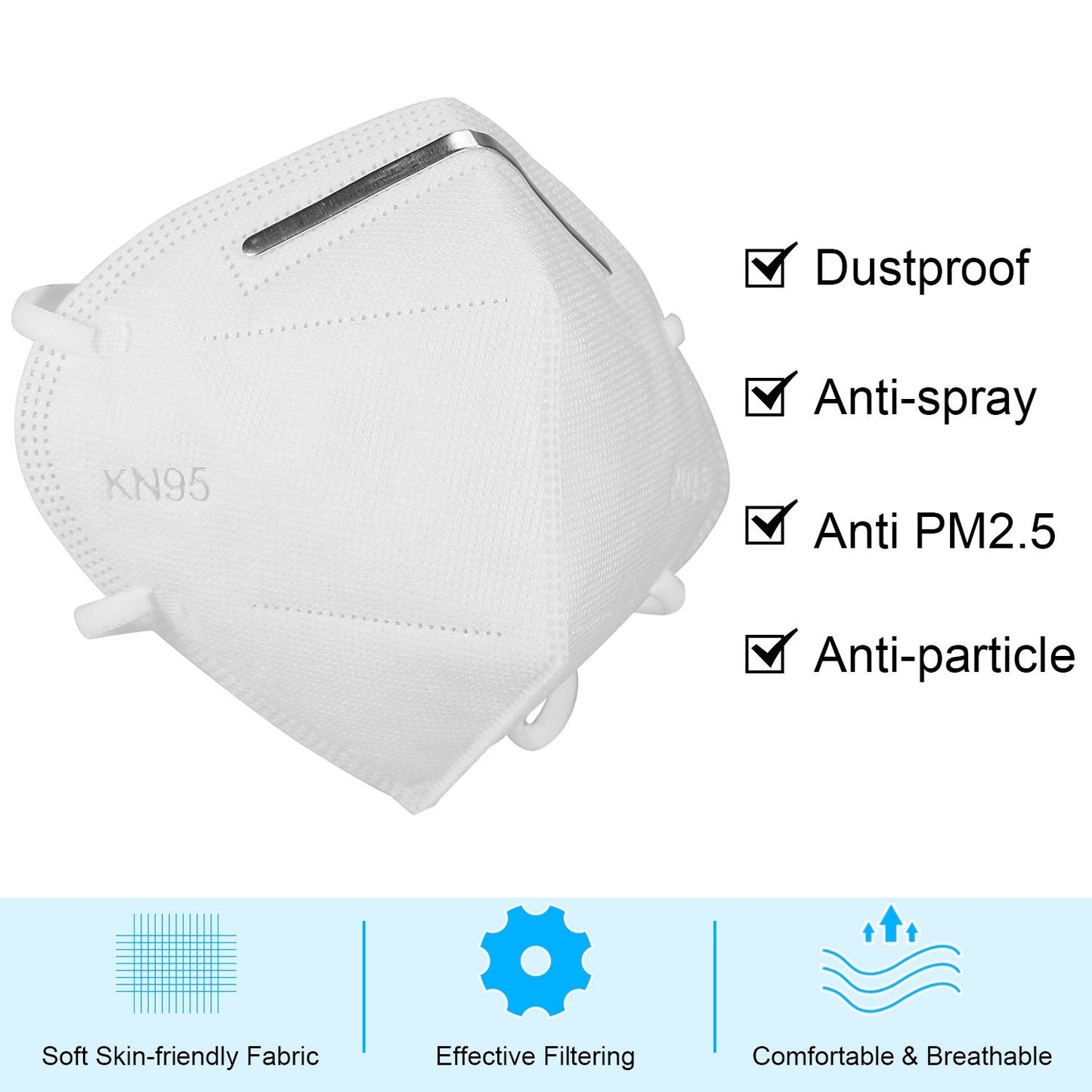 KN95 protective mask featuring dustproof, anti-spray, and PM2.5 filtration, made from soft, skin-friendly fabric for comfortable and breathable wear.