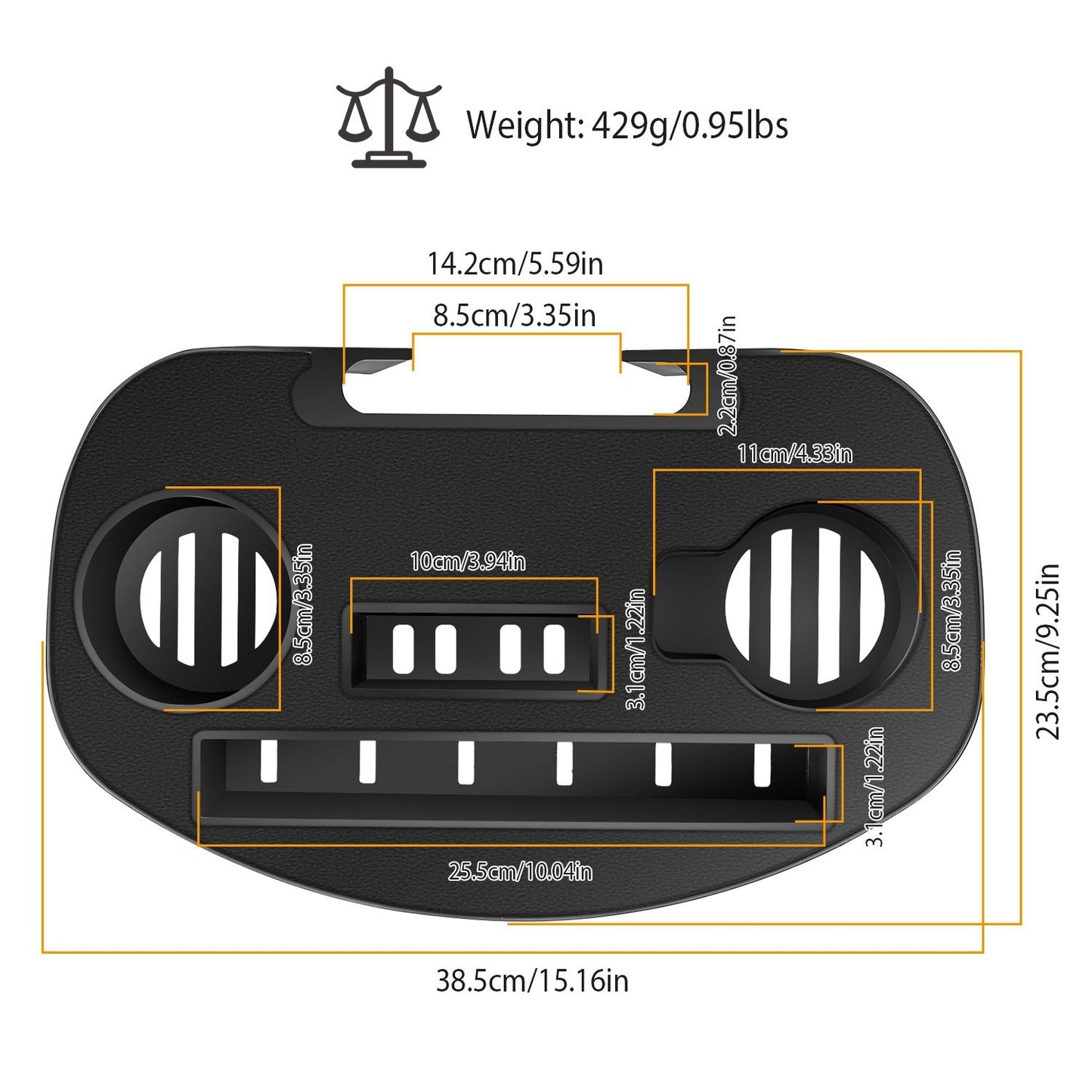 Detailed product image showcasing a versatile organizer tray with multiple compartments and measurements, designed for enhanced storage and accessibility.