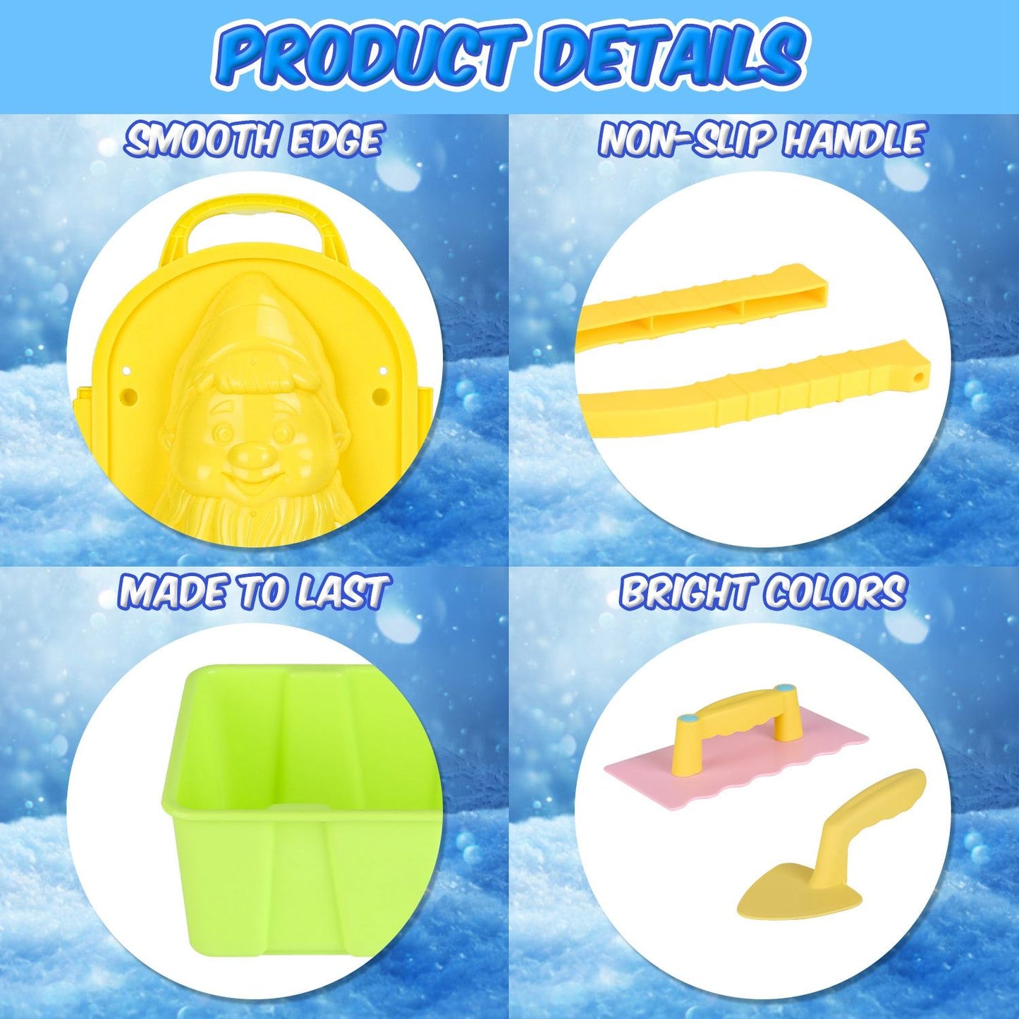 Brightly colored children's sand and water play set featuring durable plastic tools, including a smooth-edged bucket with a gnome design, a non-slip handle, a sturdy green container, and a pink trowel.